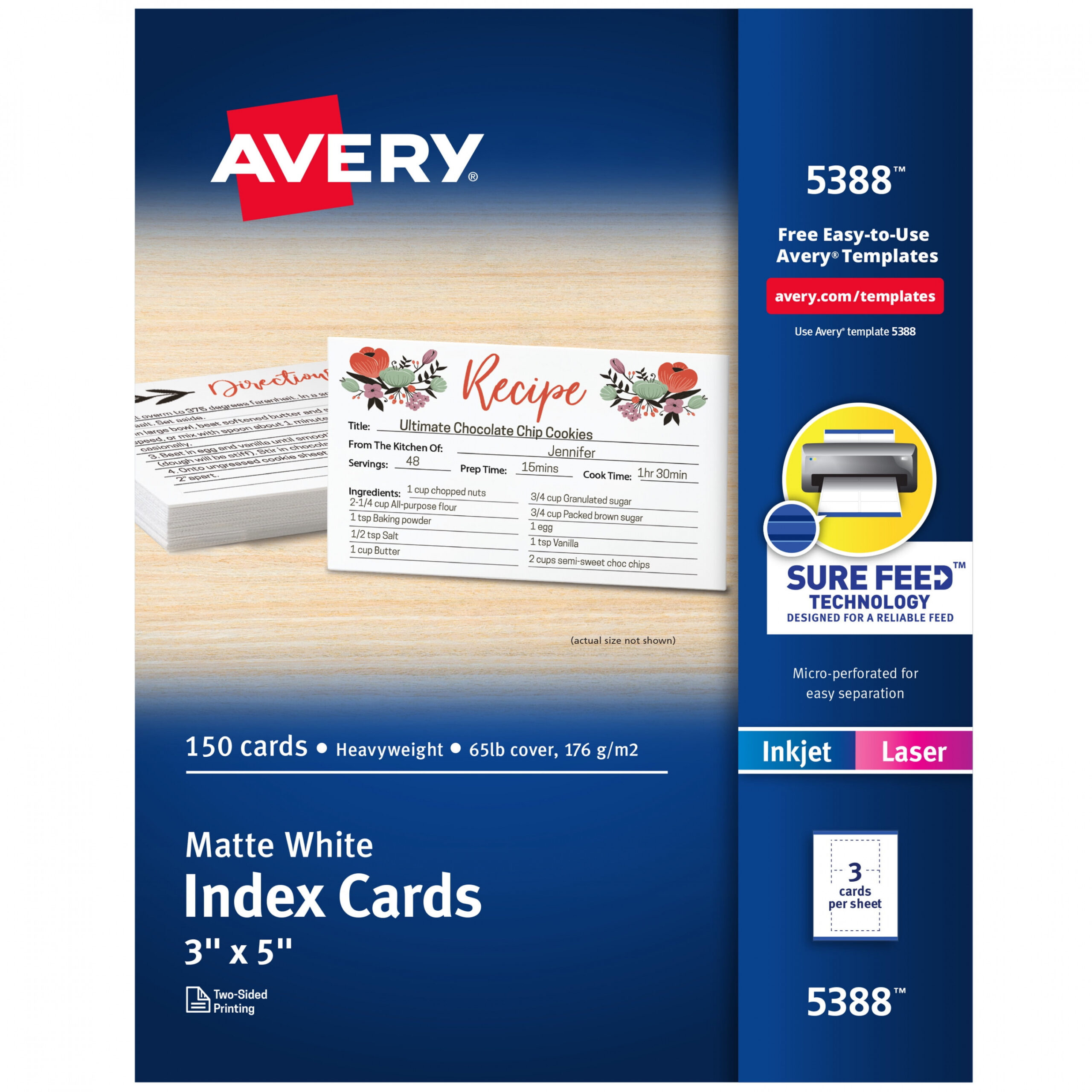 Avery Printable Index Cards with Sure Feed Technology, " x