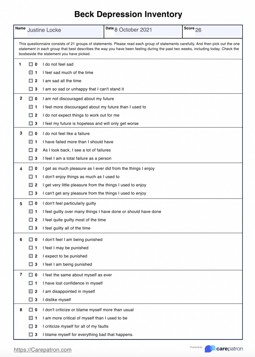 Beck Depression Inventory & Example  Free PDF Download