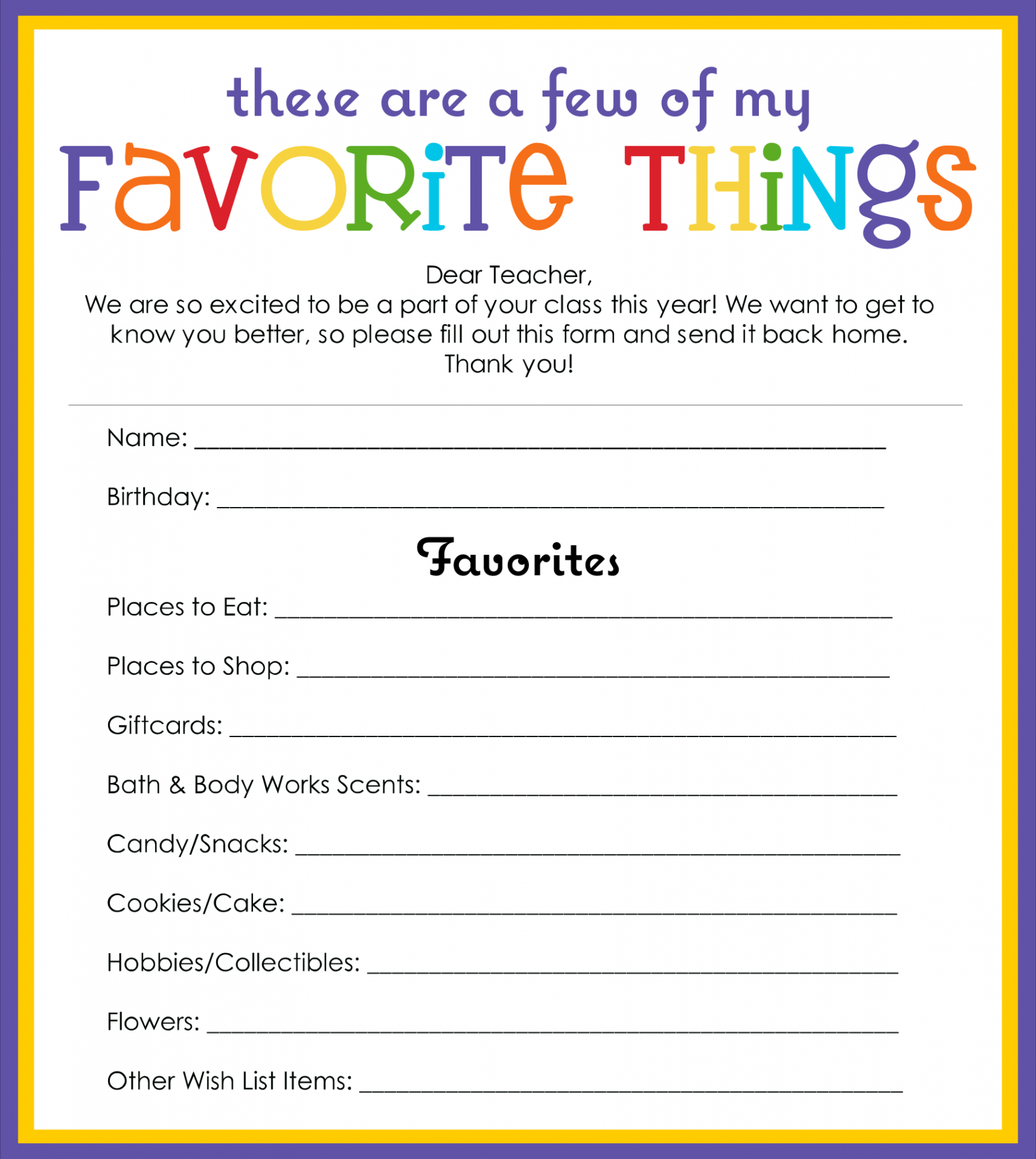 Best My Favorite Things Template Printable PDF for Free at