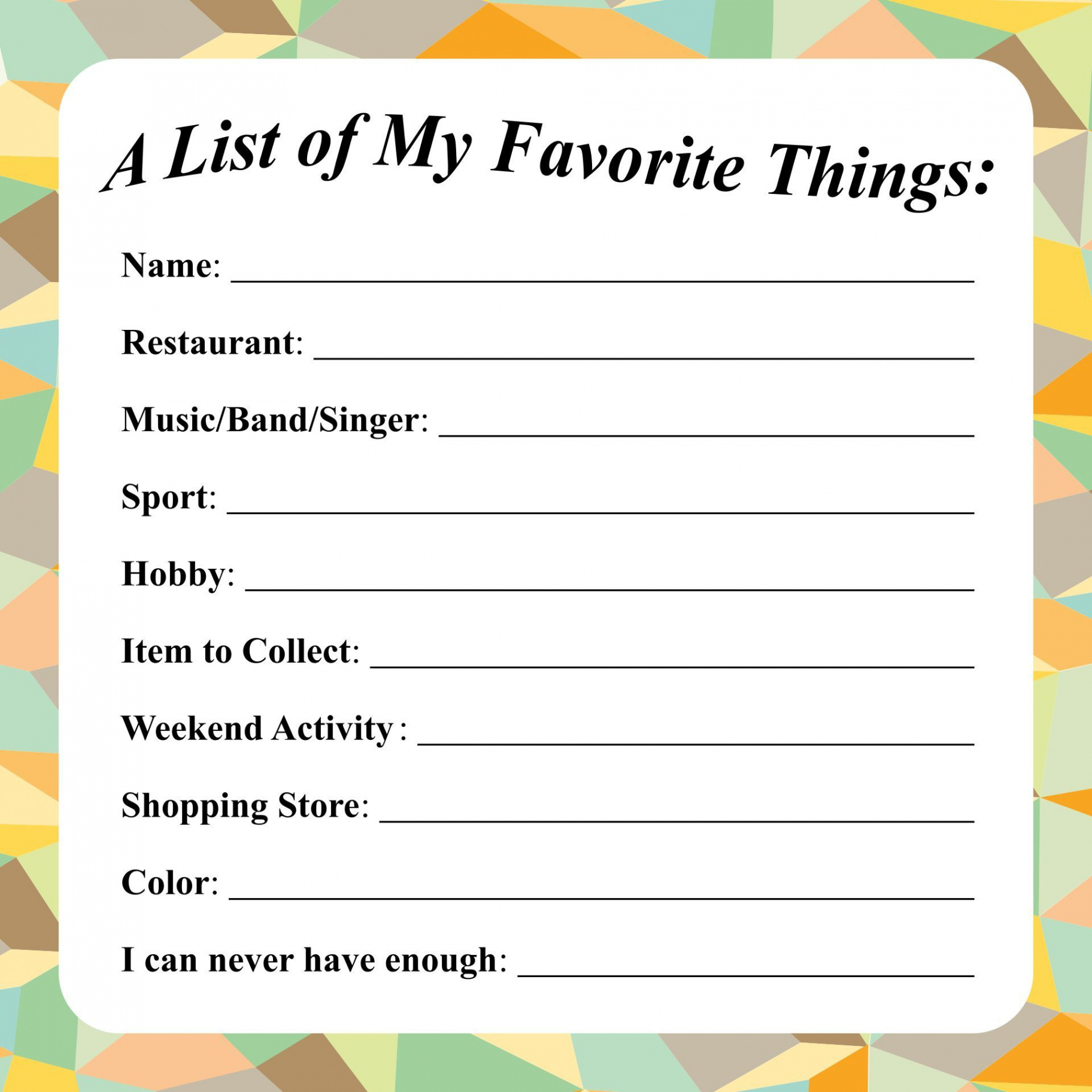 Best My Favorite Things Template Printable PDF for Free at