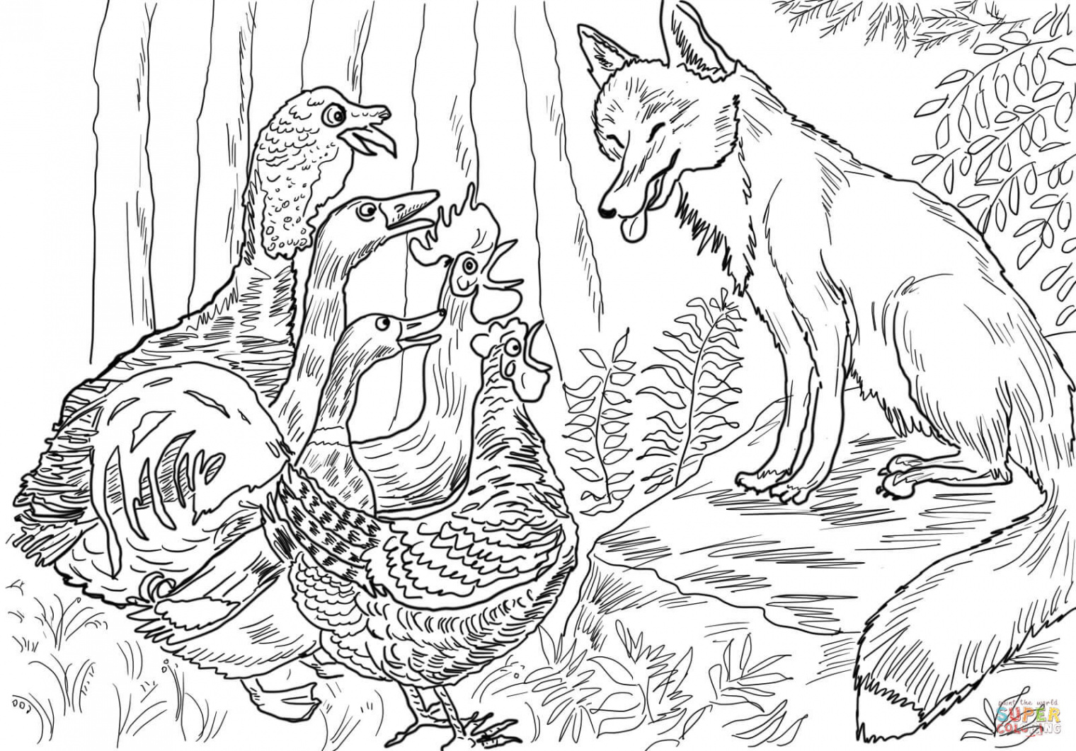 Birds and Fox from Henny Penny coloring page  Free Printable