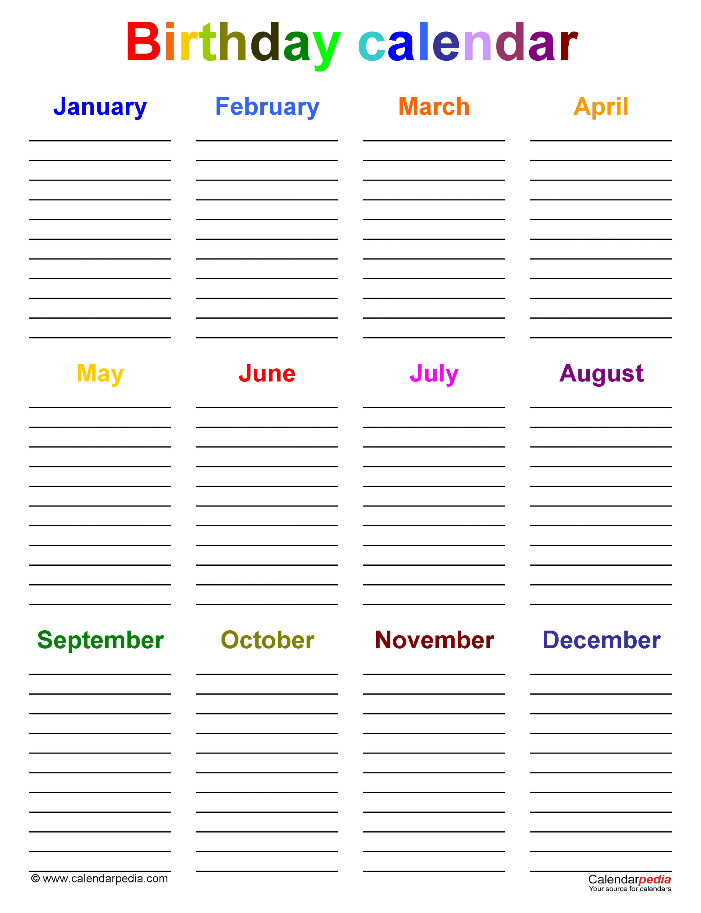 Birthday calendars - Free Printable PDF templates