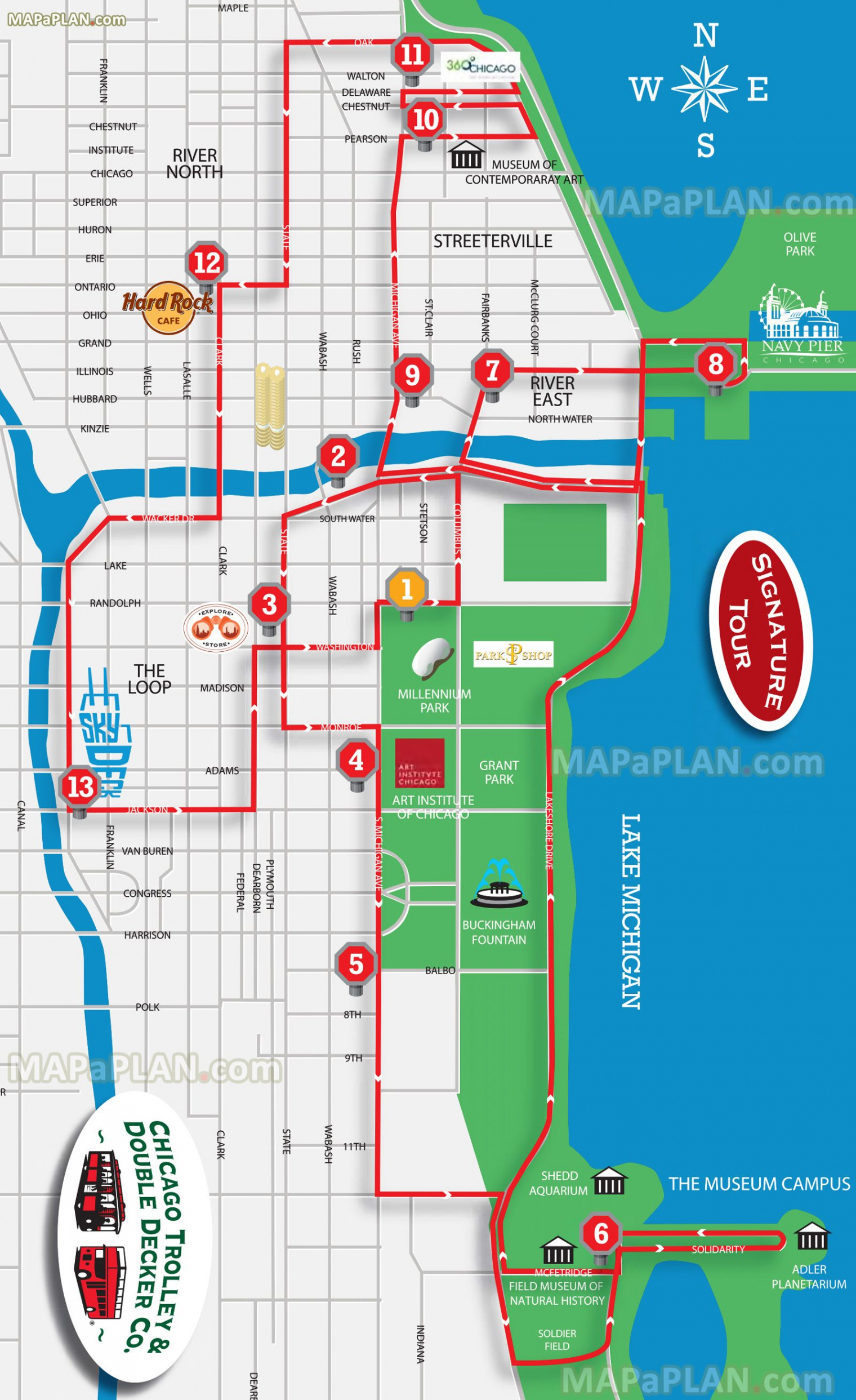 Chicago map - Hop-on hop-off signature sightseeing open top double