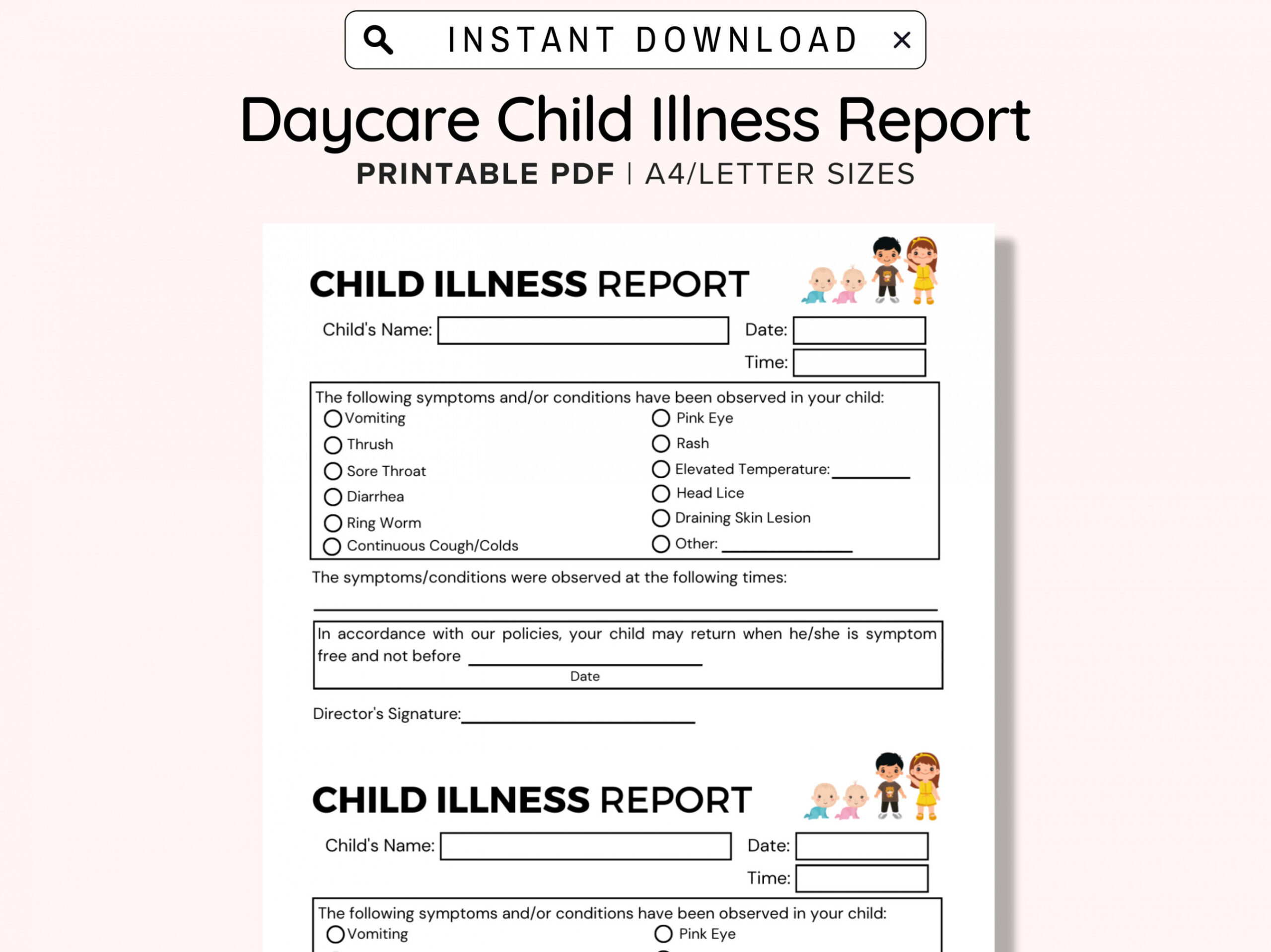 Child Illness Notice Printable Daycare Printable Child Sick - Etsy