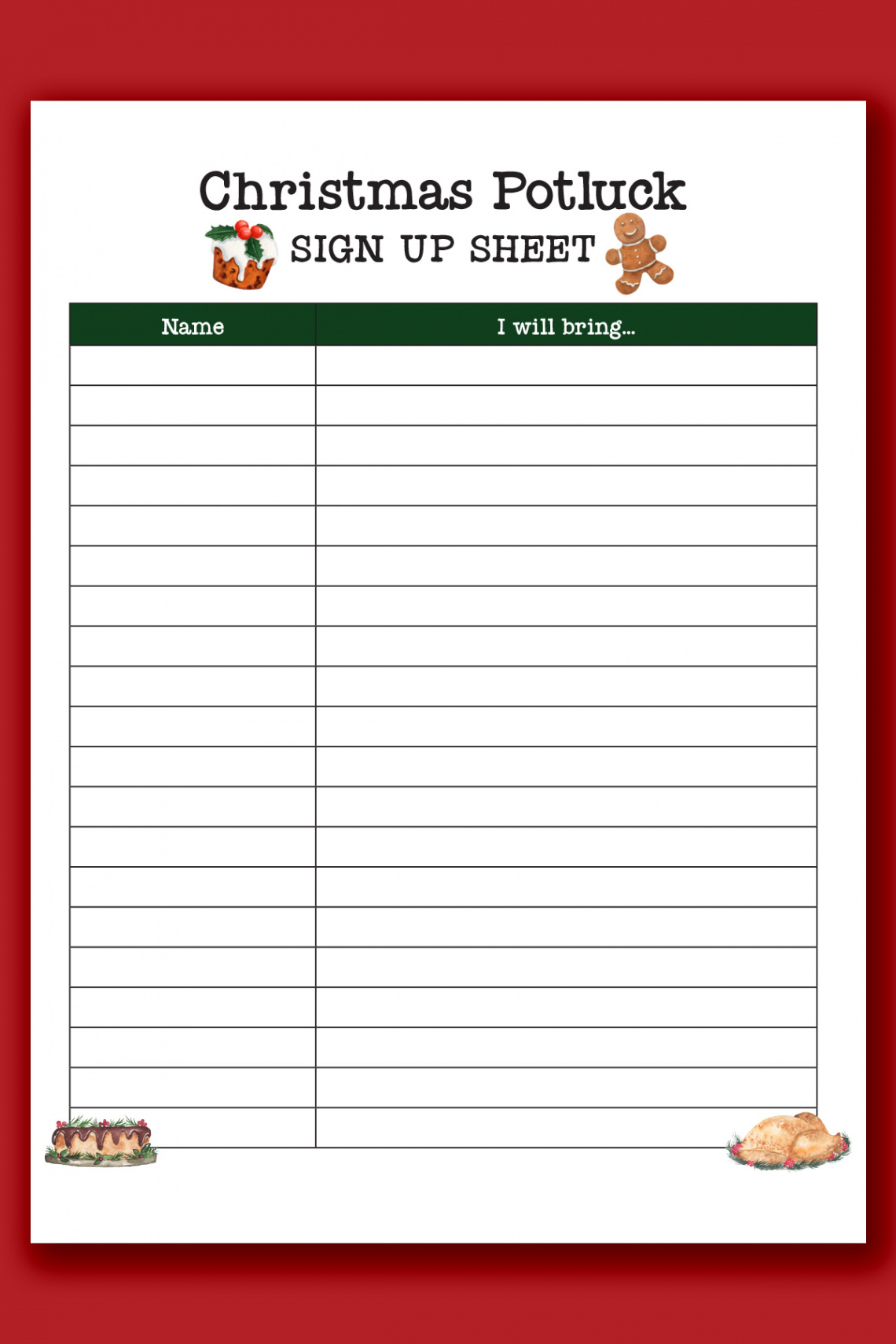 Christmas Potluck Sign Up Sheet Free Printable