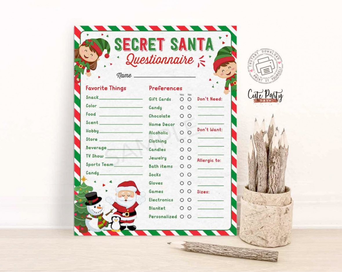 Christmas Secret Santa Questionnaire, Printable Holidays Wish List