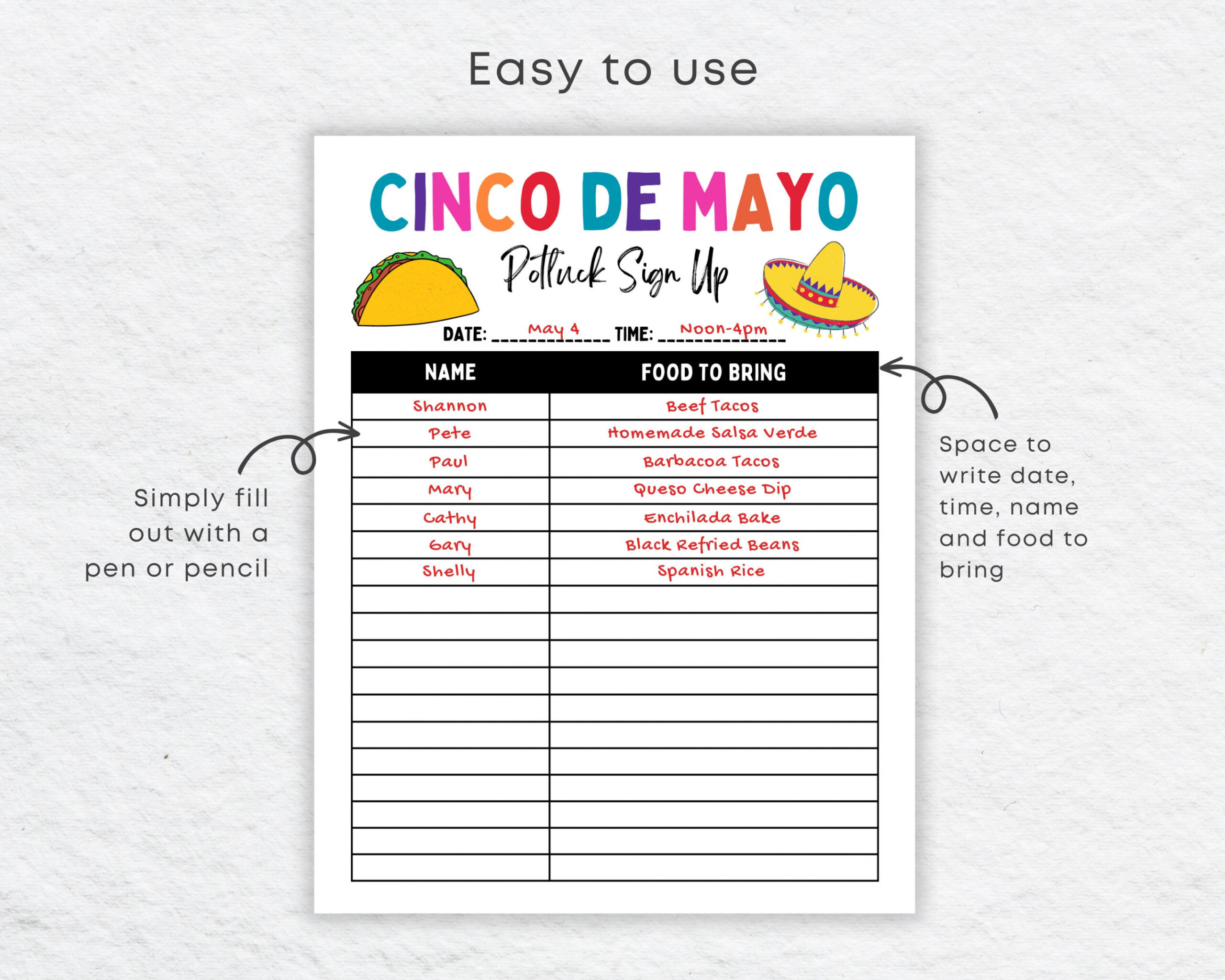 Cinco De Mayo Potluck Sign up Sheet for Taco Fiesta Potluck Party