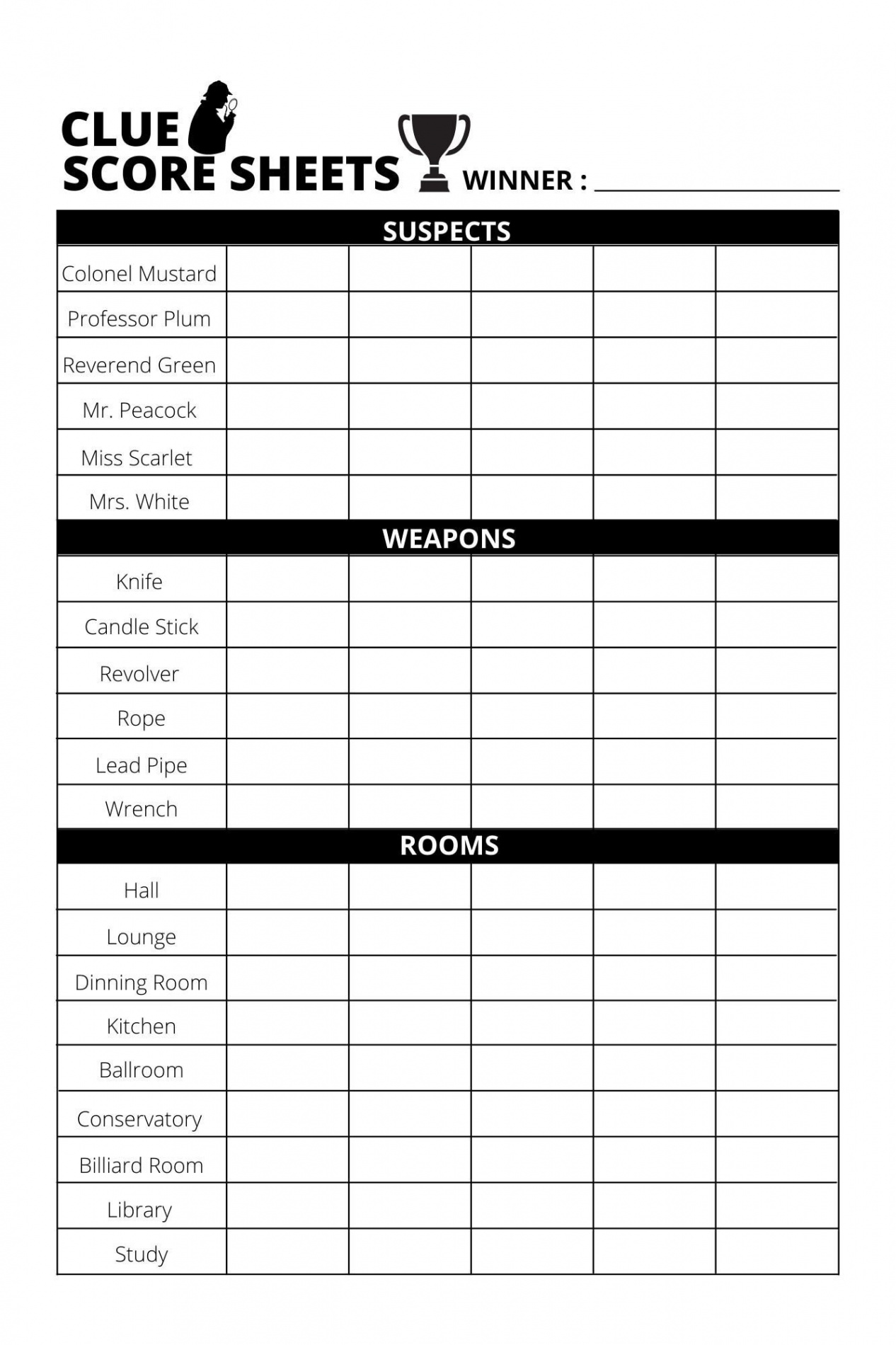 Clue Score Sheet - Download/Print PDF File