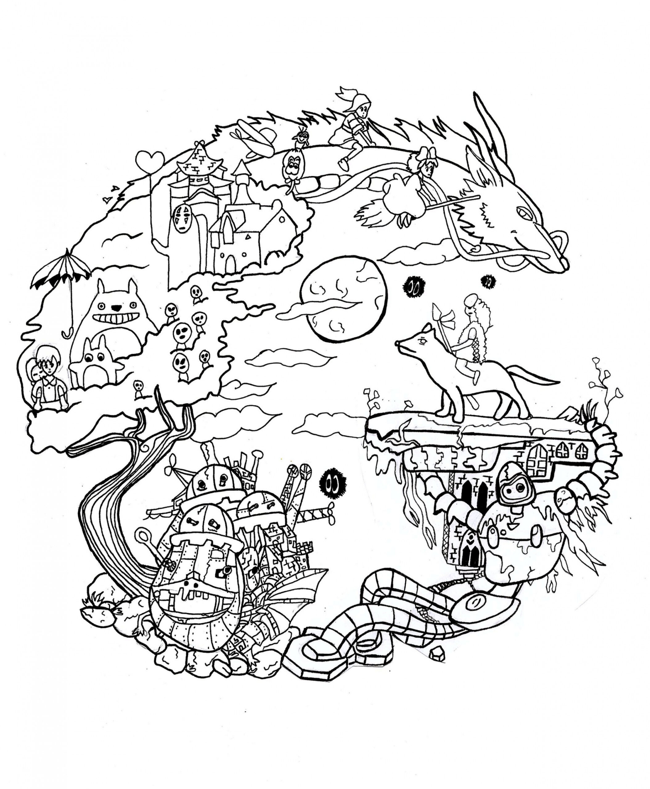 Coloring page reproduction of a fanart of studio Ghibli