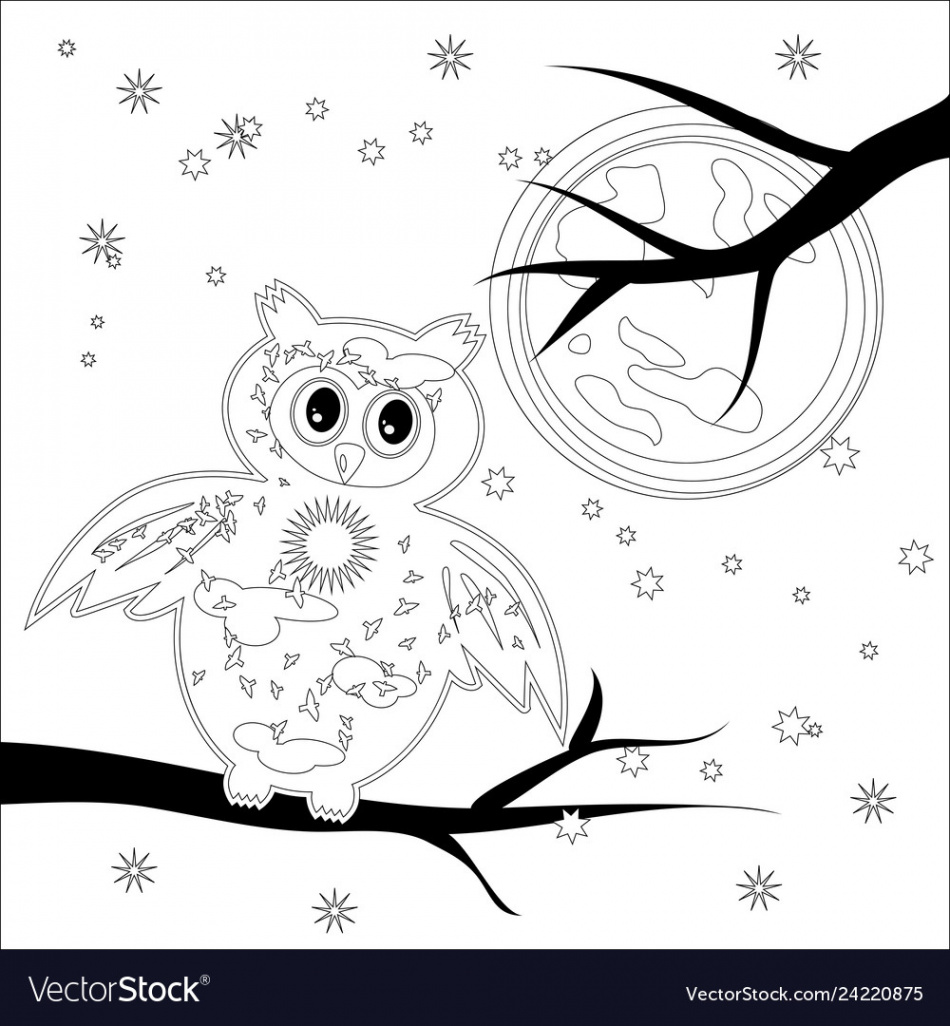 Coloring page with symbol moon sun owl Royalty Free Vector