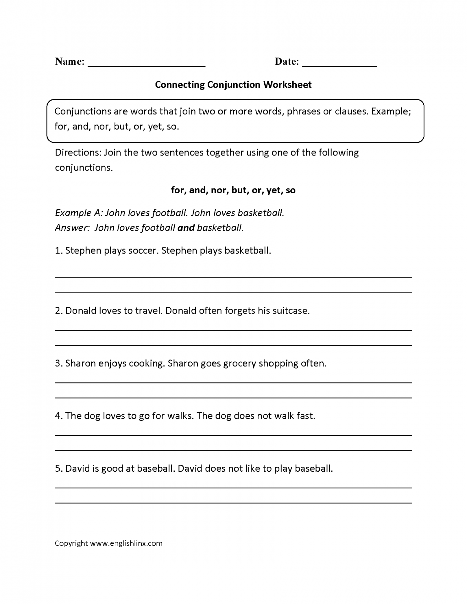 Connecting Conjunction Worksheets  Conjunctions worksheet