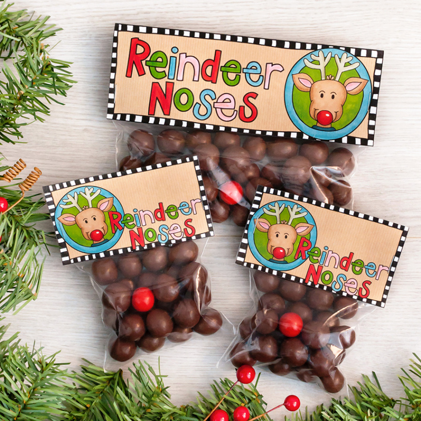 Cute Reindeer Noses Christmas treat bag toppers that your kids