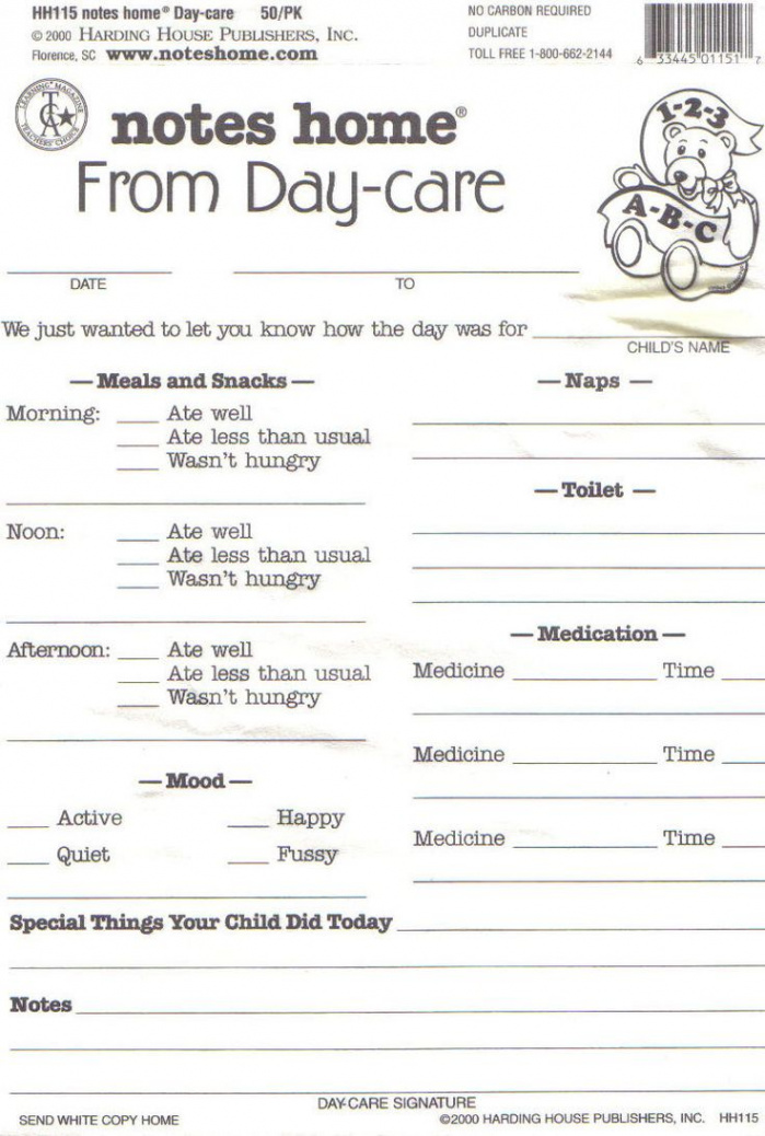 Daycare Daily Report Sheets Infant Reports For Printable  Daycare