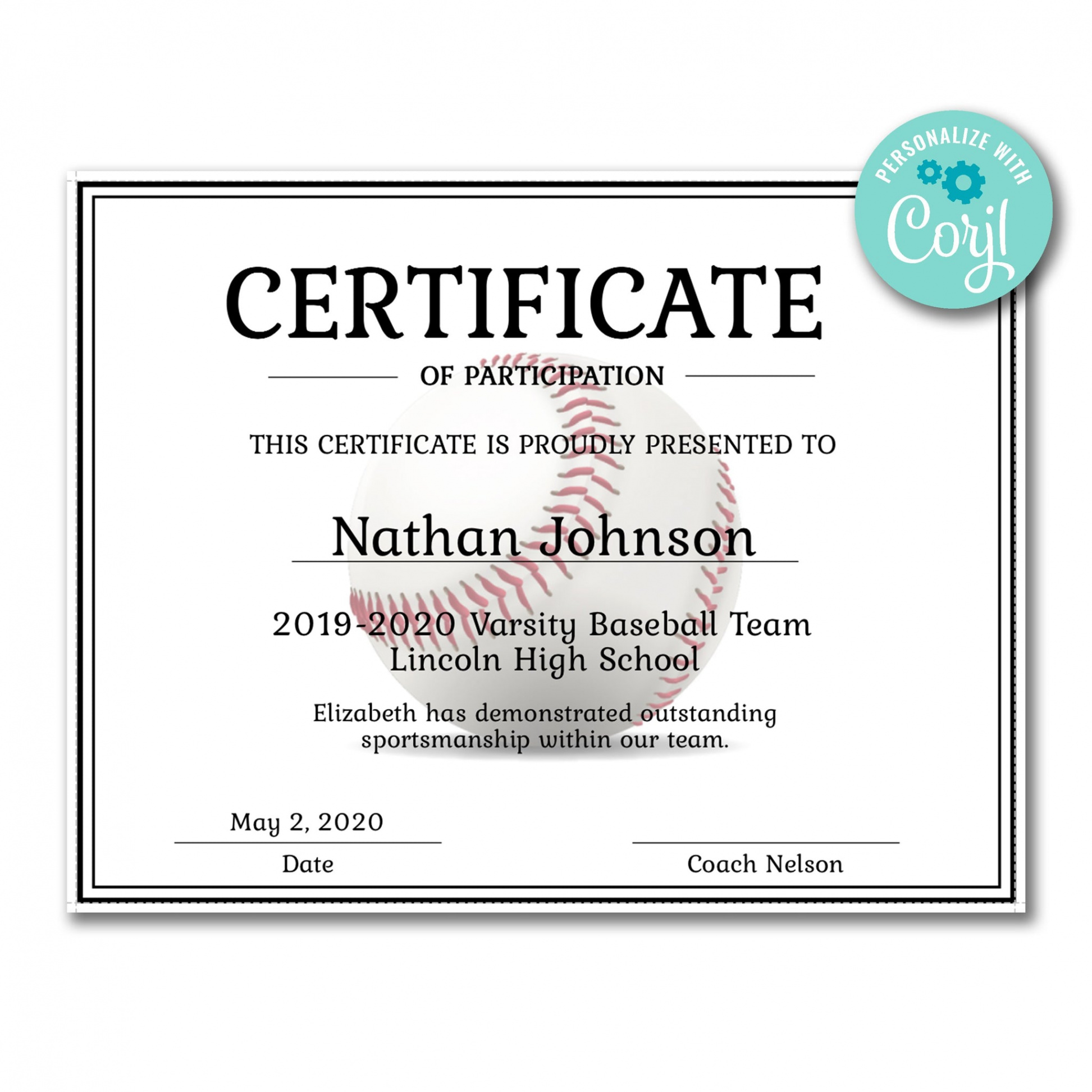 Editable Baseball Certificate Template - Printable Youth Baseball