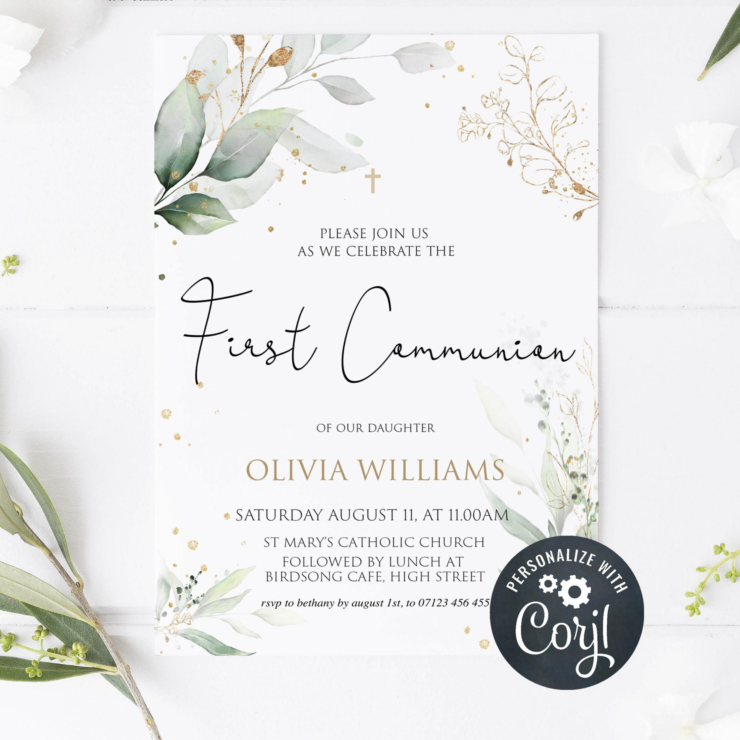 EDITABLE Gold Floral First Communion Invitation – OhHappyPrintables