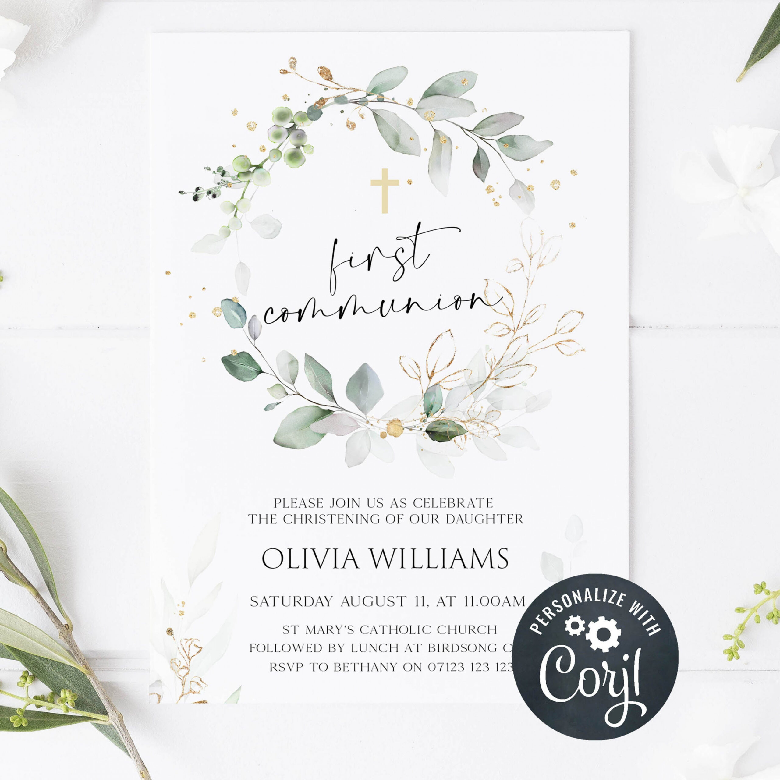 EDITABLE Gold Floral Wreath First Communion Invitation