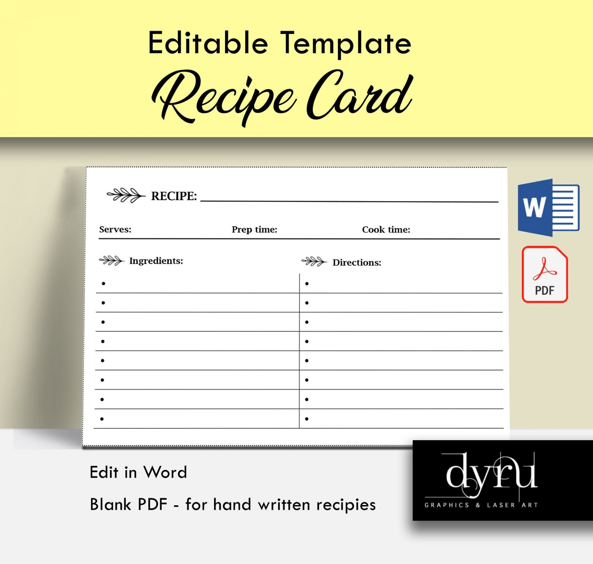 Editable Recipe Card Template Editable in Word Printable x - Etsy