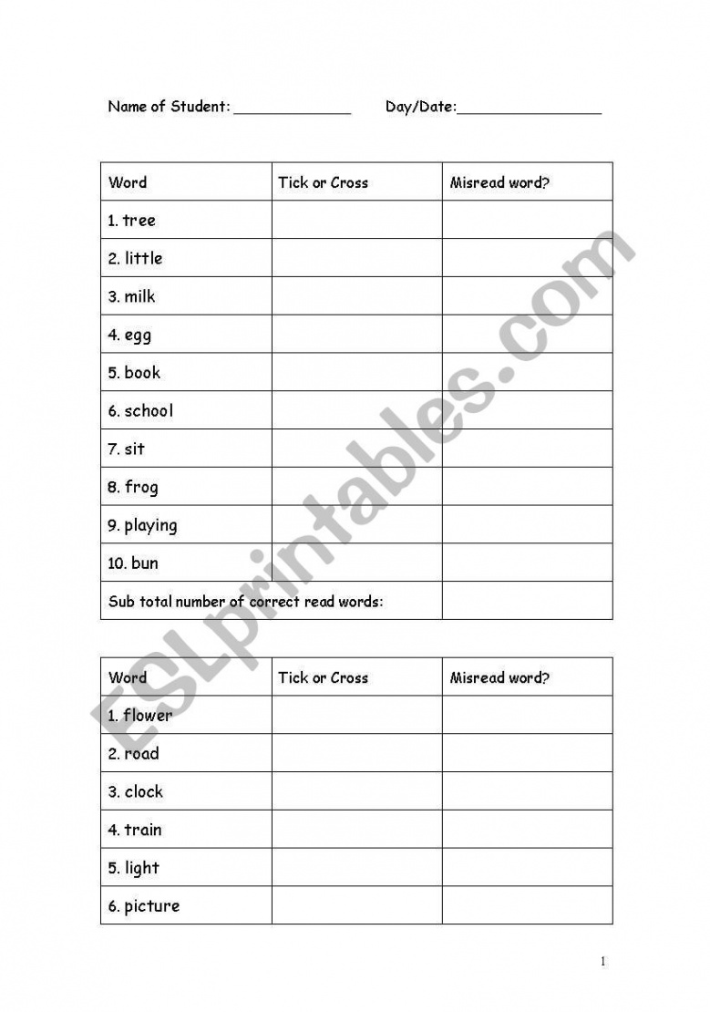 English worksheets: Schonell Reading Test Checklist