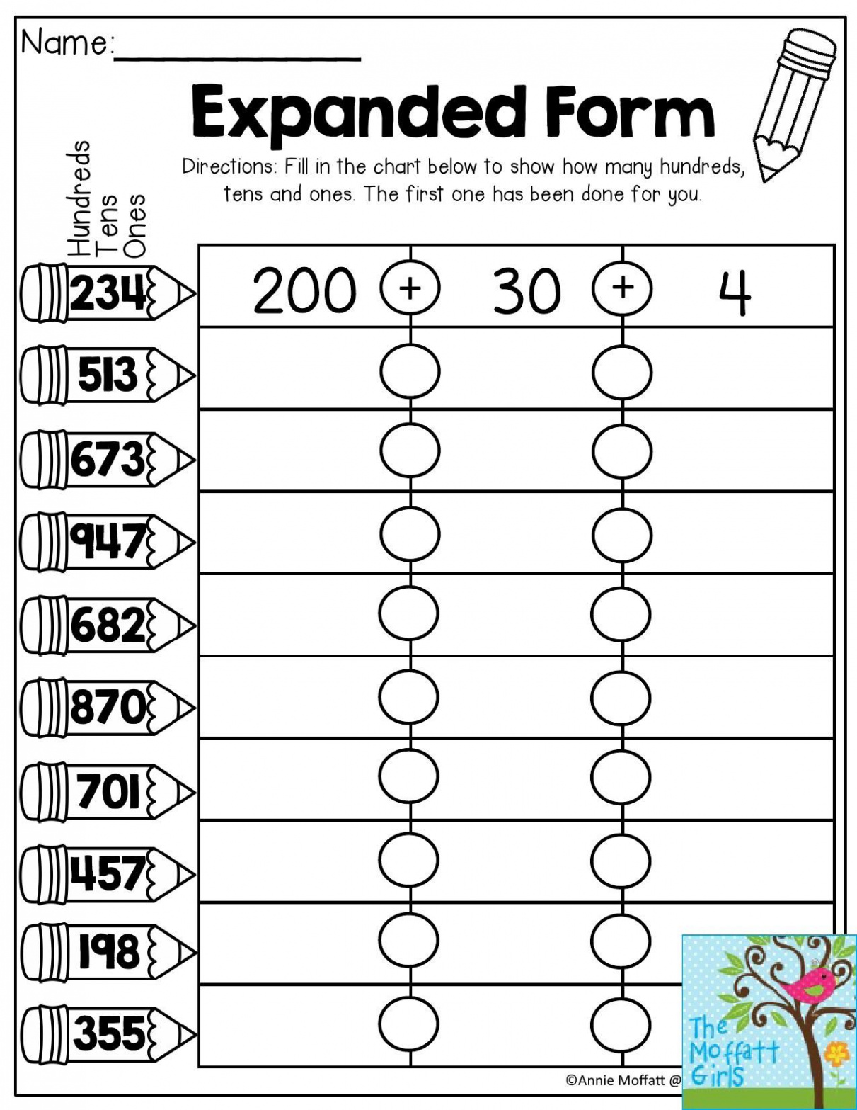 Expanded Form- Fill in the chart to show how many hundreds, tens