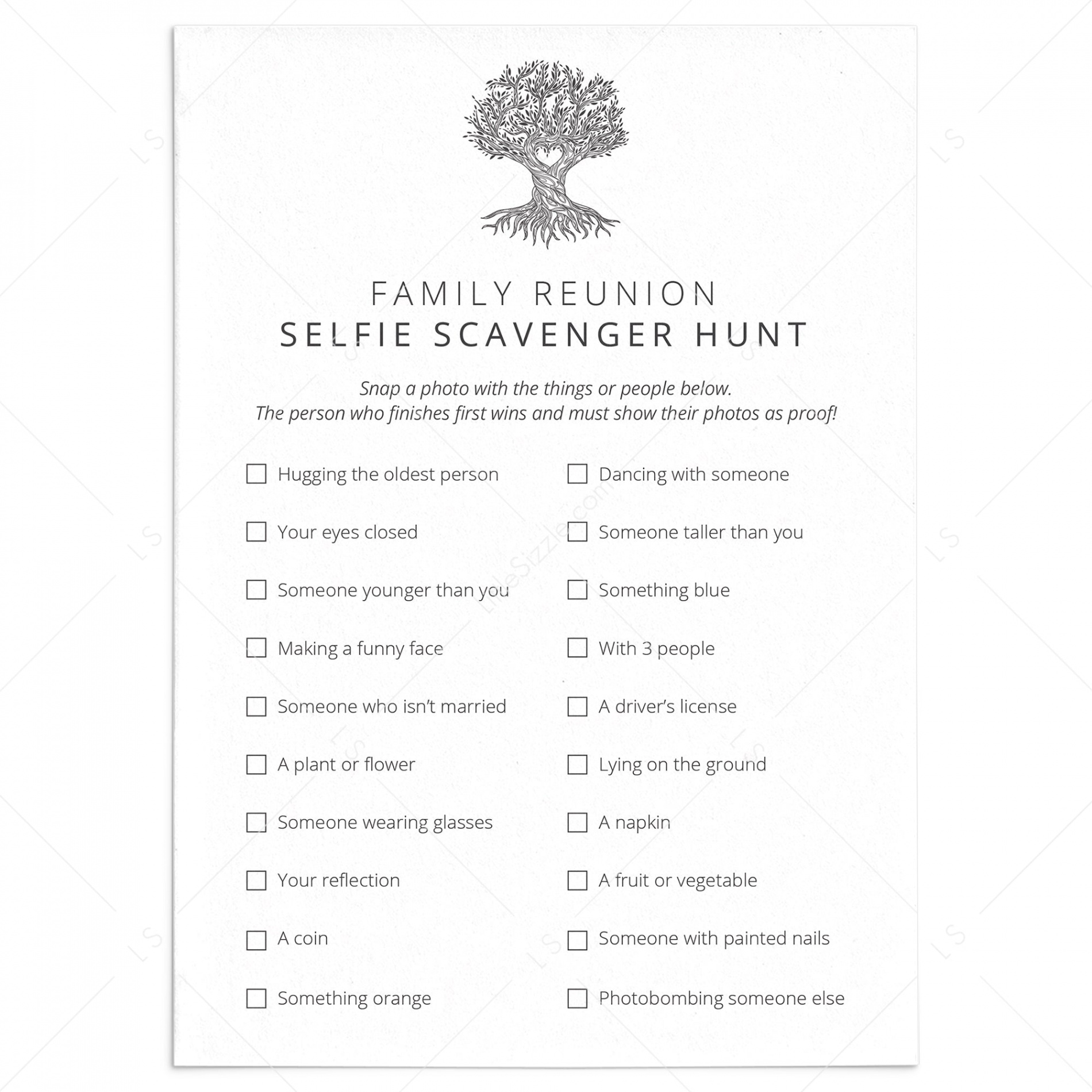 Family Reunion Selfie Scavenger Hunt Printable  Instant Download