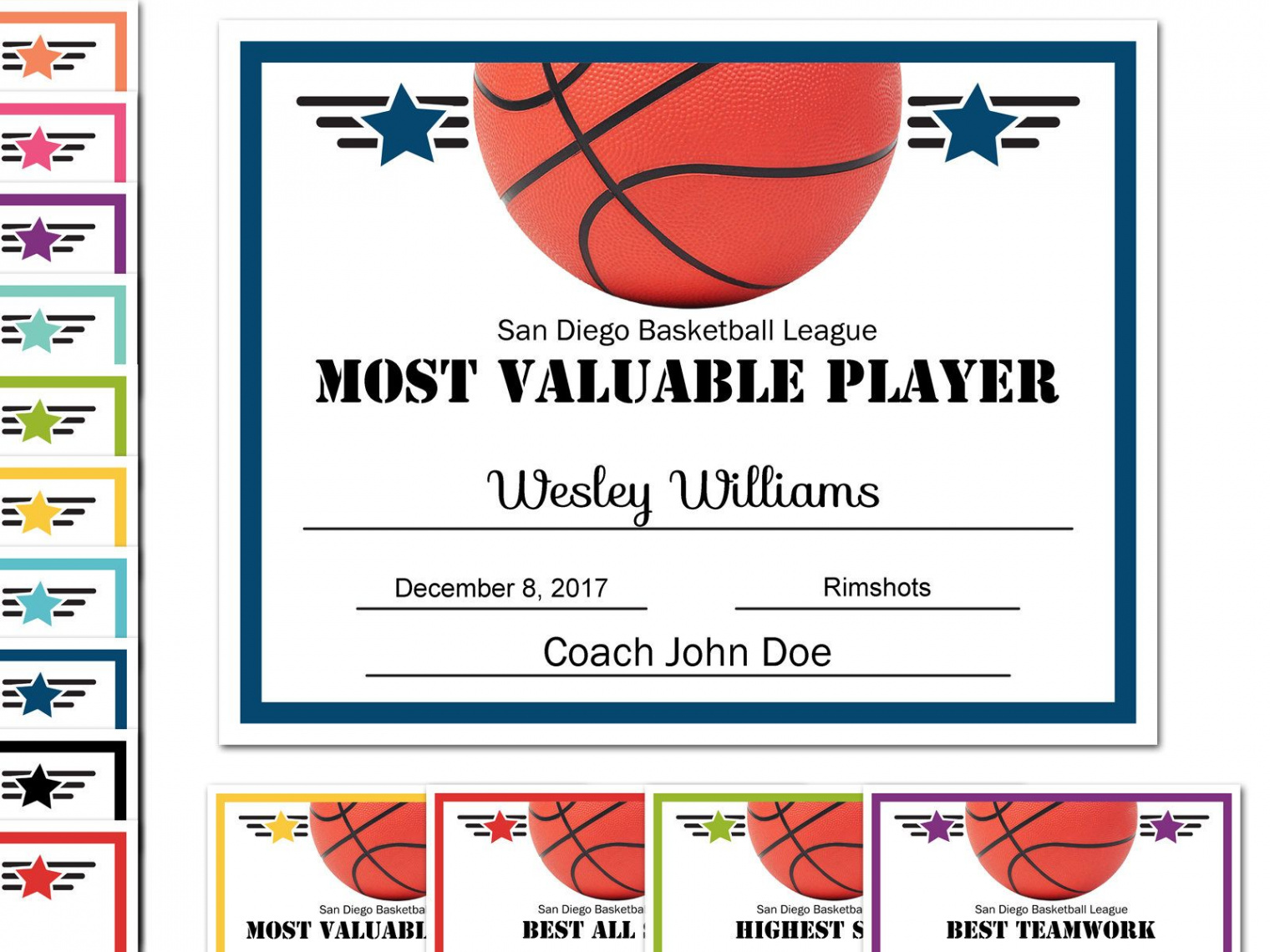 Fillable/editable Text PDF Sports Team Basketball Certificate