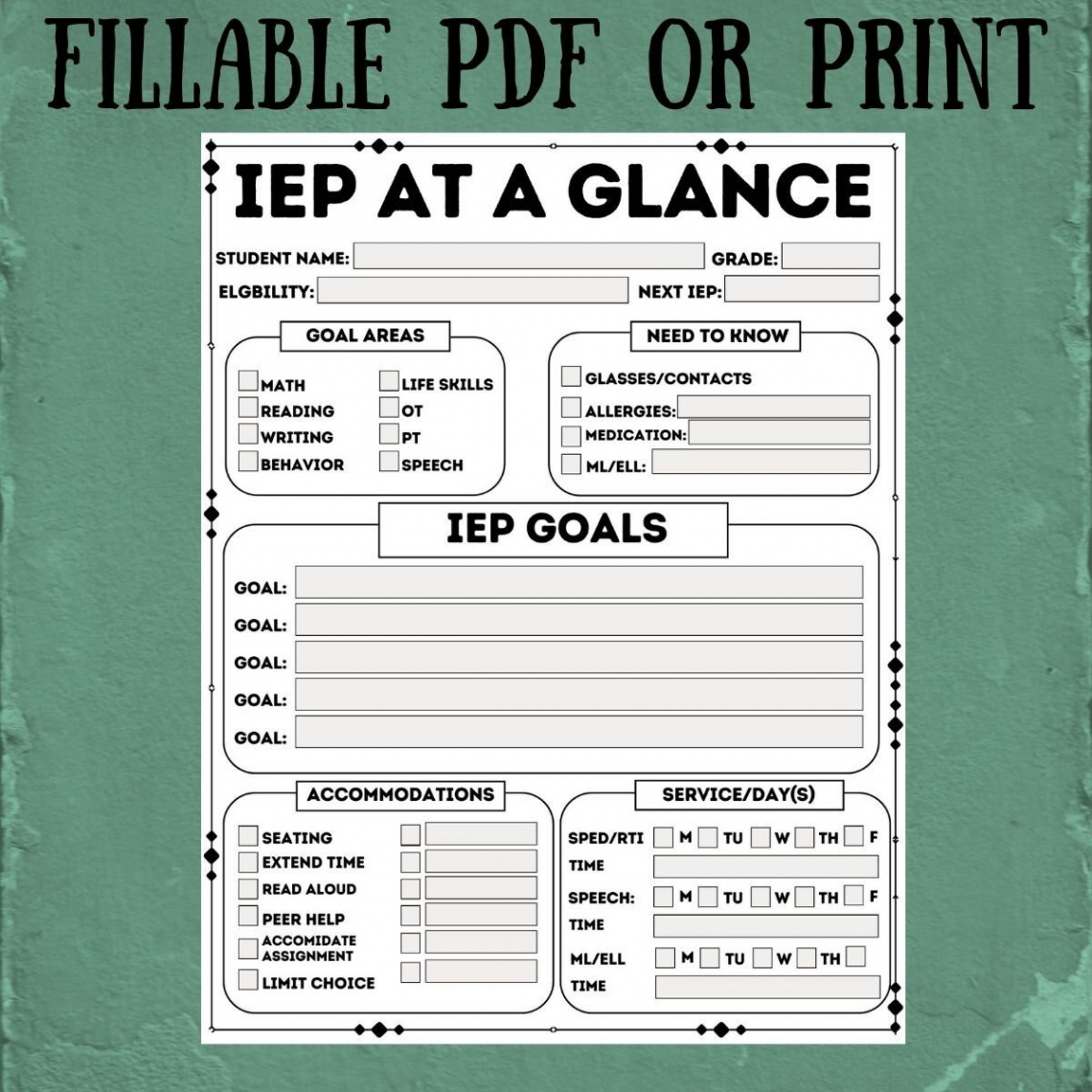 Fillable PDF IEP Data at a Glance Printable Edit Teacher Materials