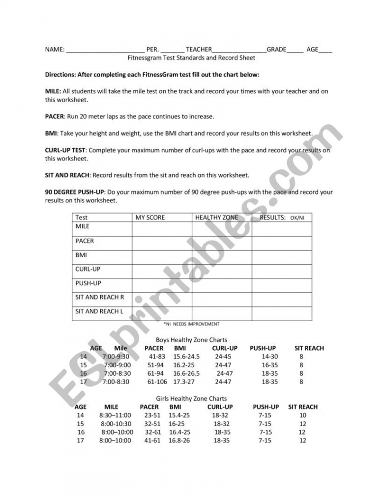 Fitnessgram Scoring Sheet - ESL worksheet by Rddmart