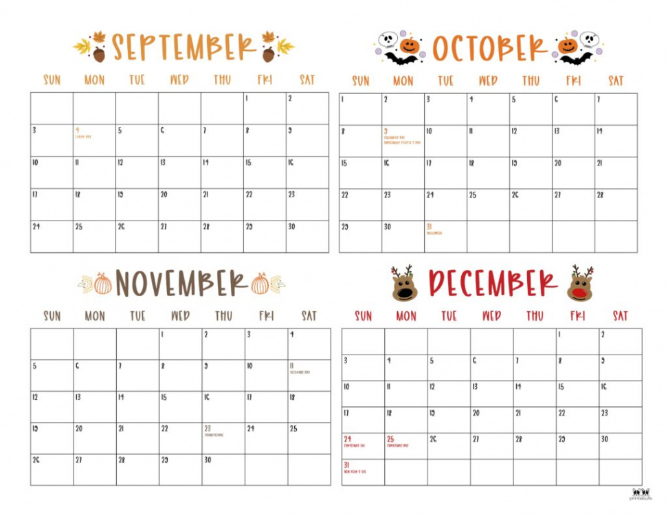 Four Month Calendars -  FREE Printables  Printabulls