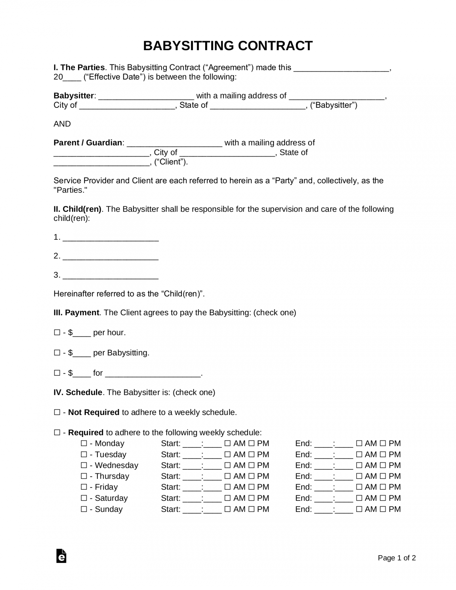 Free Babysitter Contract Template - Samples - PDF  Word – eForms