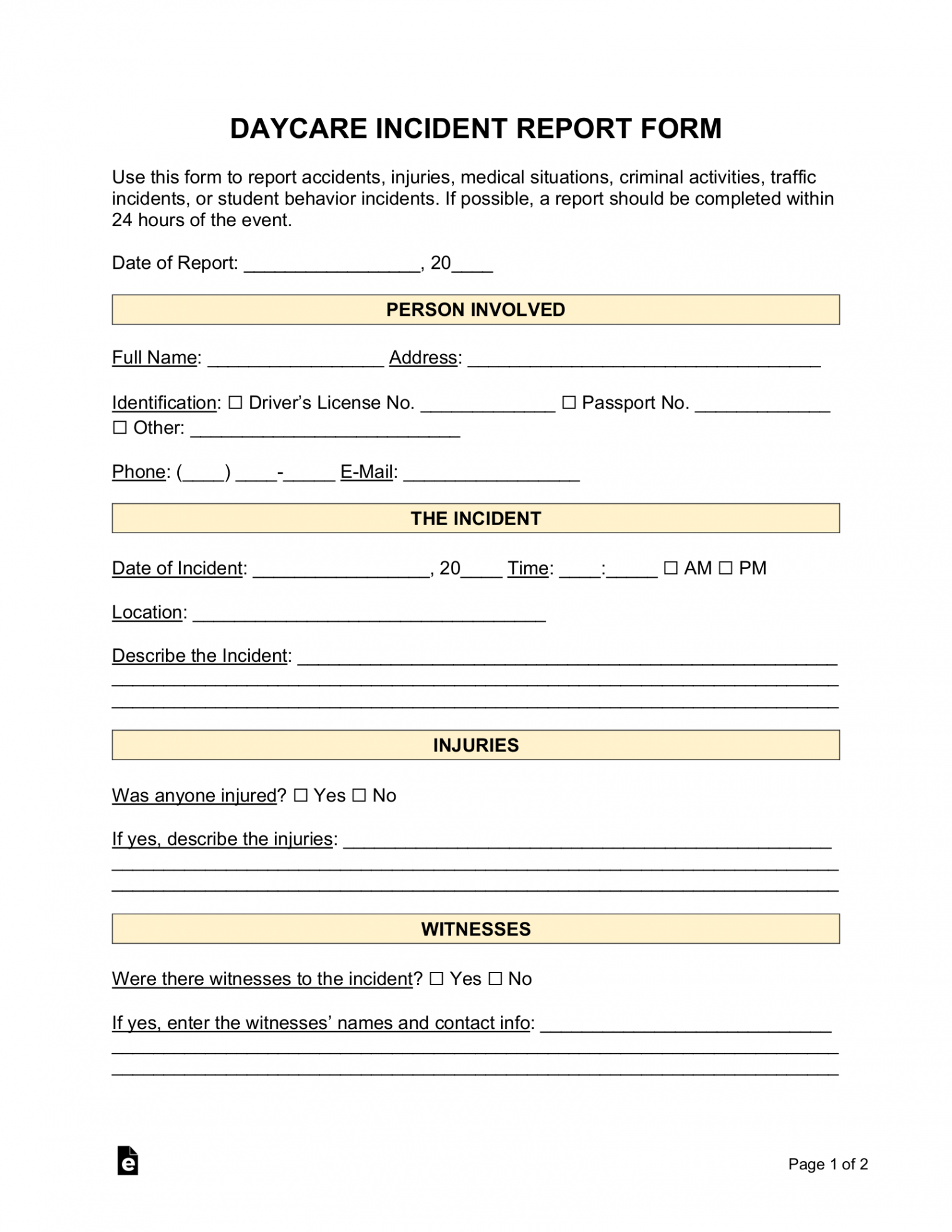 Free Daycare Incident Report Form - PDF  Word – eForms