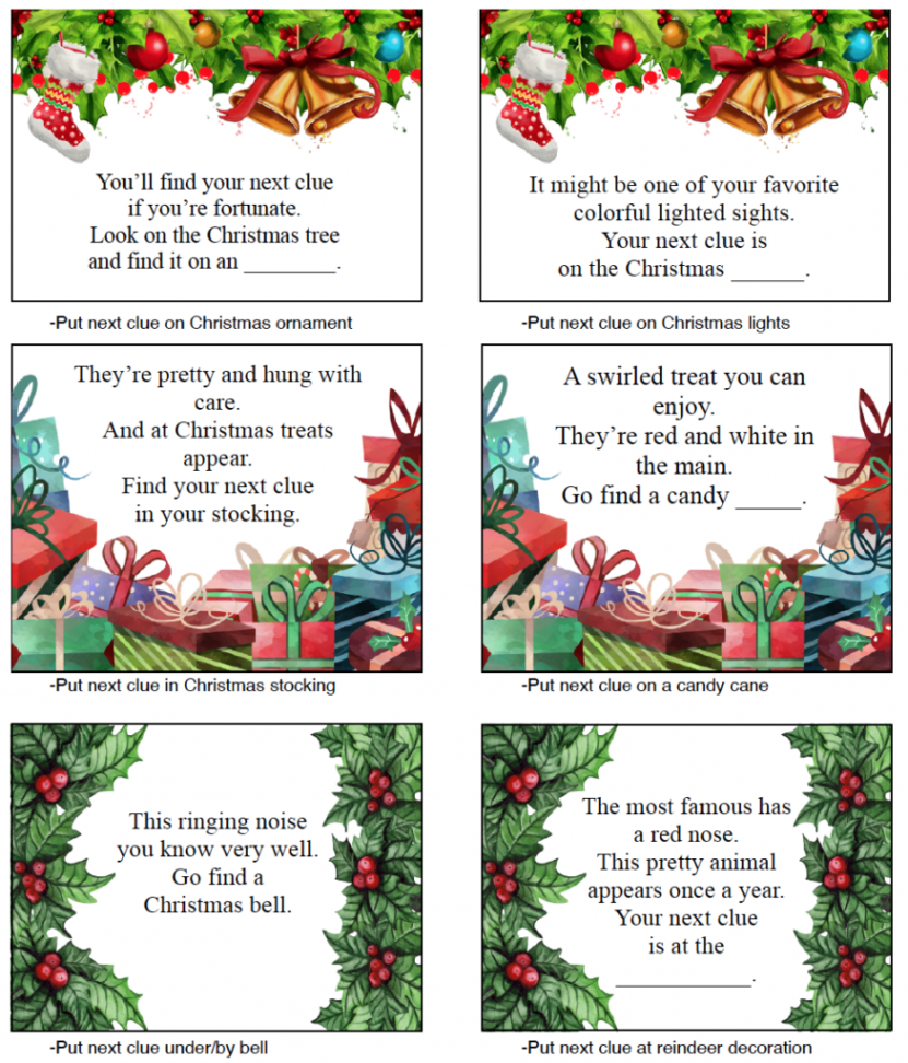 Free Printable Christmas Treasure Hunt:  Clues Plus Blanks