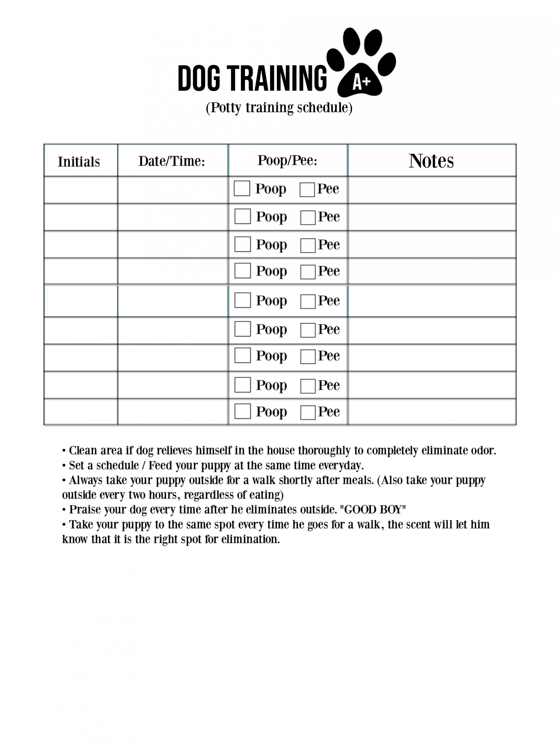 Free Printable  Dog walking chart  Potty train your puppy