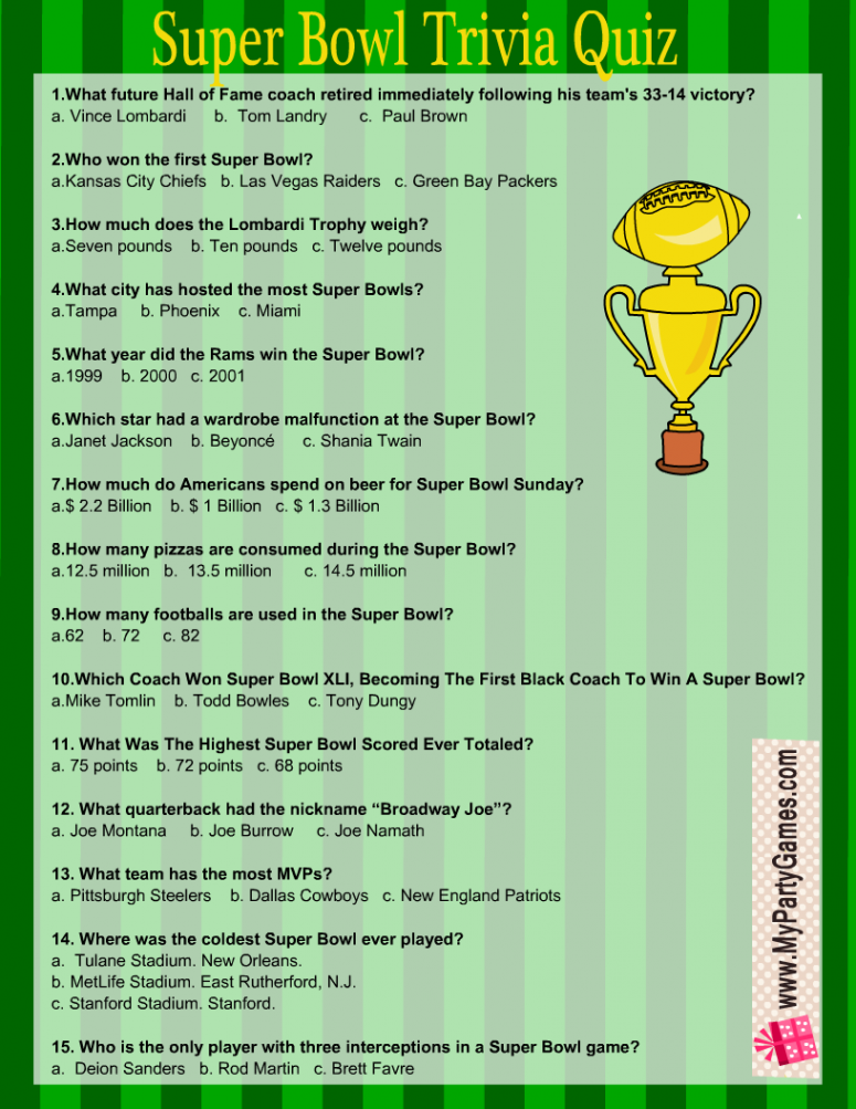 Free Printable Football Super Bowl Trivia Quiz in   Super