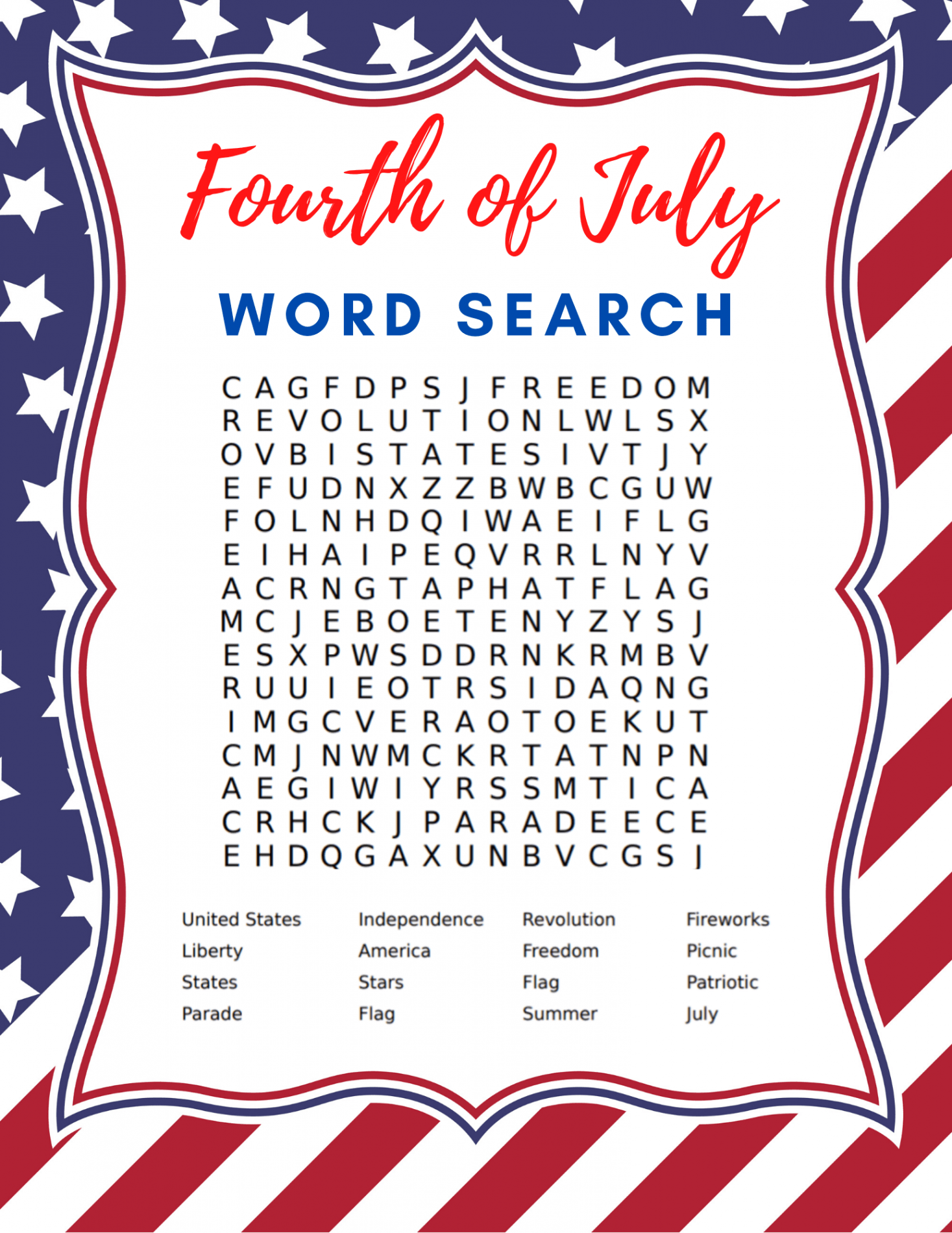 Free Printable Fourth of July Word Search and Word Scramble