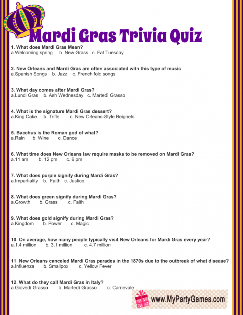 Free Printable Mardi Gras Trivia Quiz with Answer Key in