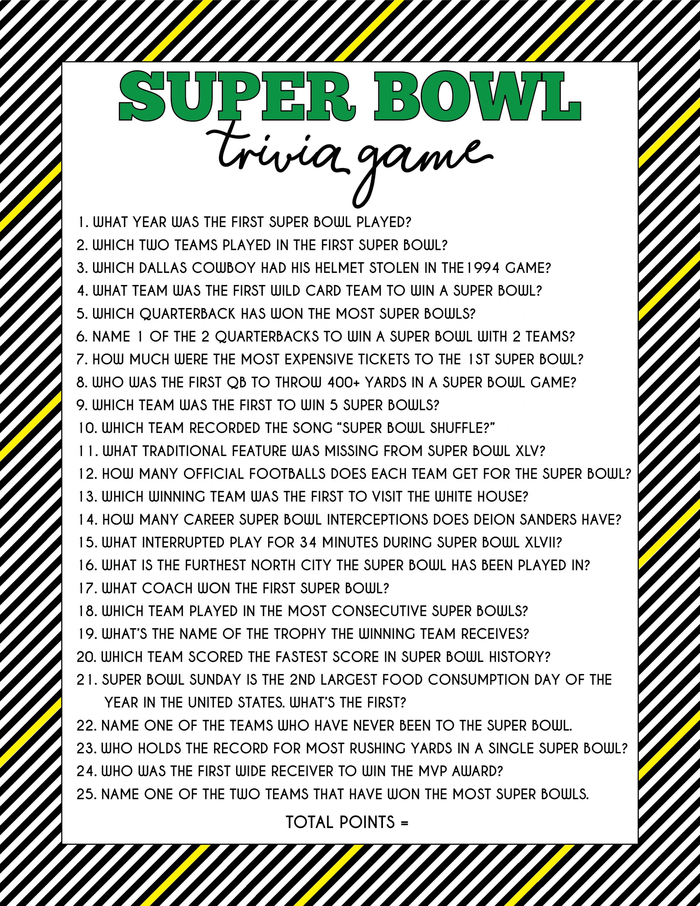 Free Printable Super Bowl Trivia Questions Game - Play Party Plan