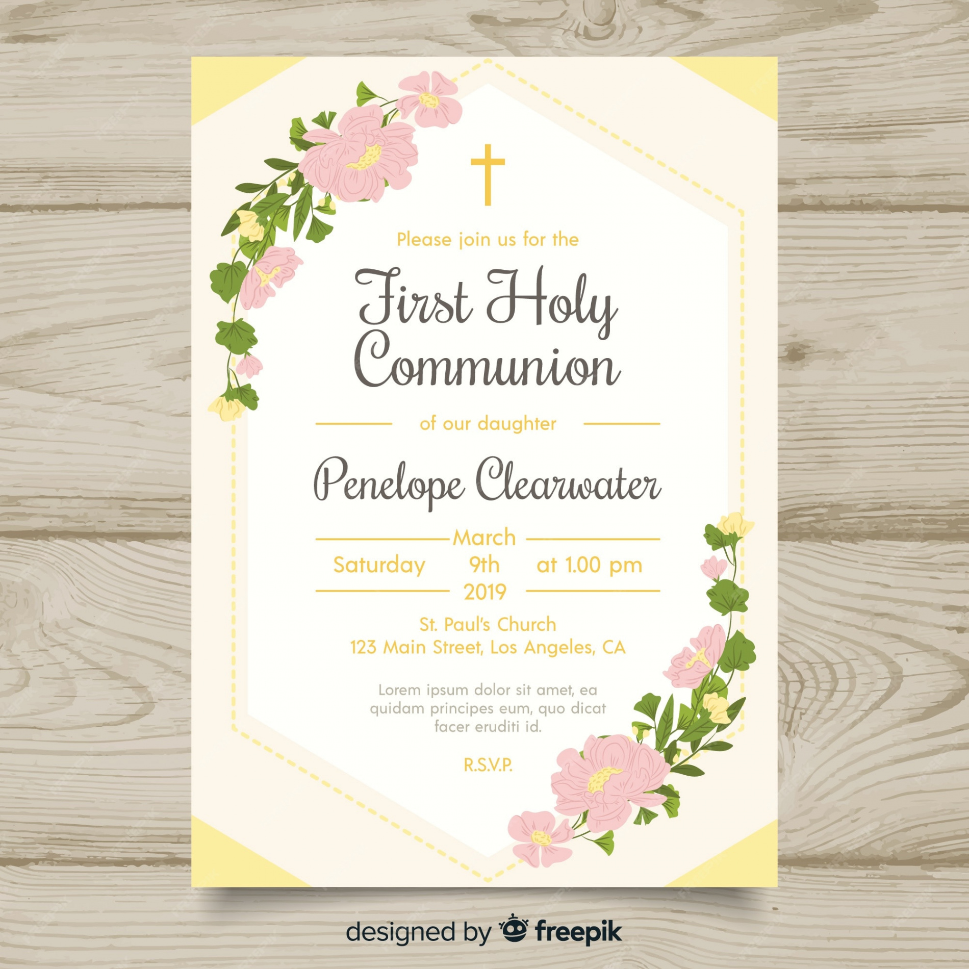 Free Vector  Floral first communion invitation template