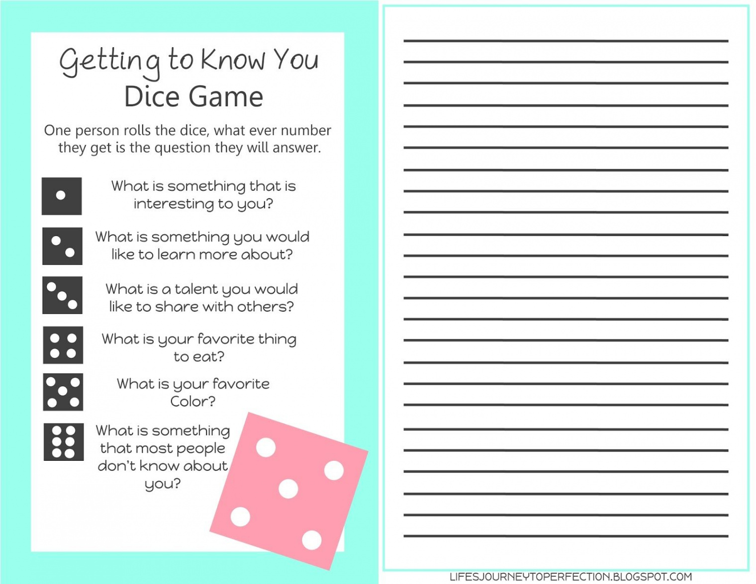 Getting to Know You Dice Game Printable  Get to know you