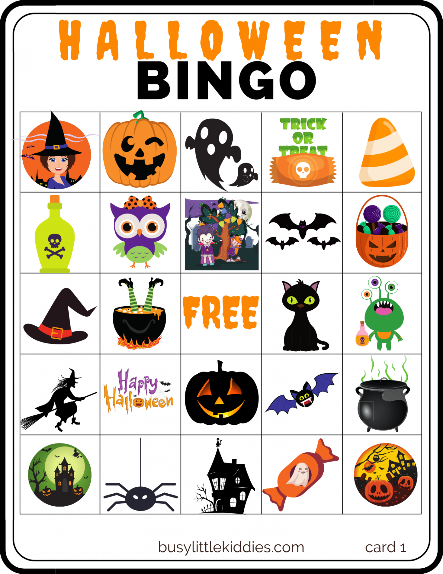 Halloween Bingo Free Printable with Pictures  players - Busy