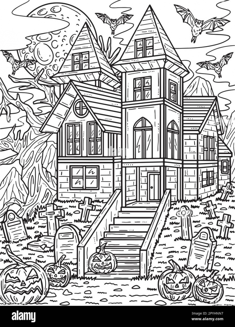 Halloween Haunted House Coloring Page for Adults Stock Vector