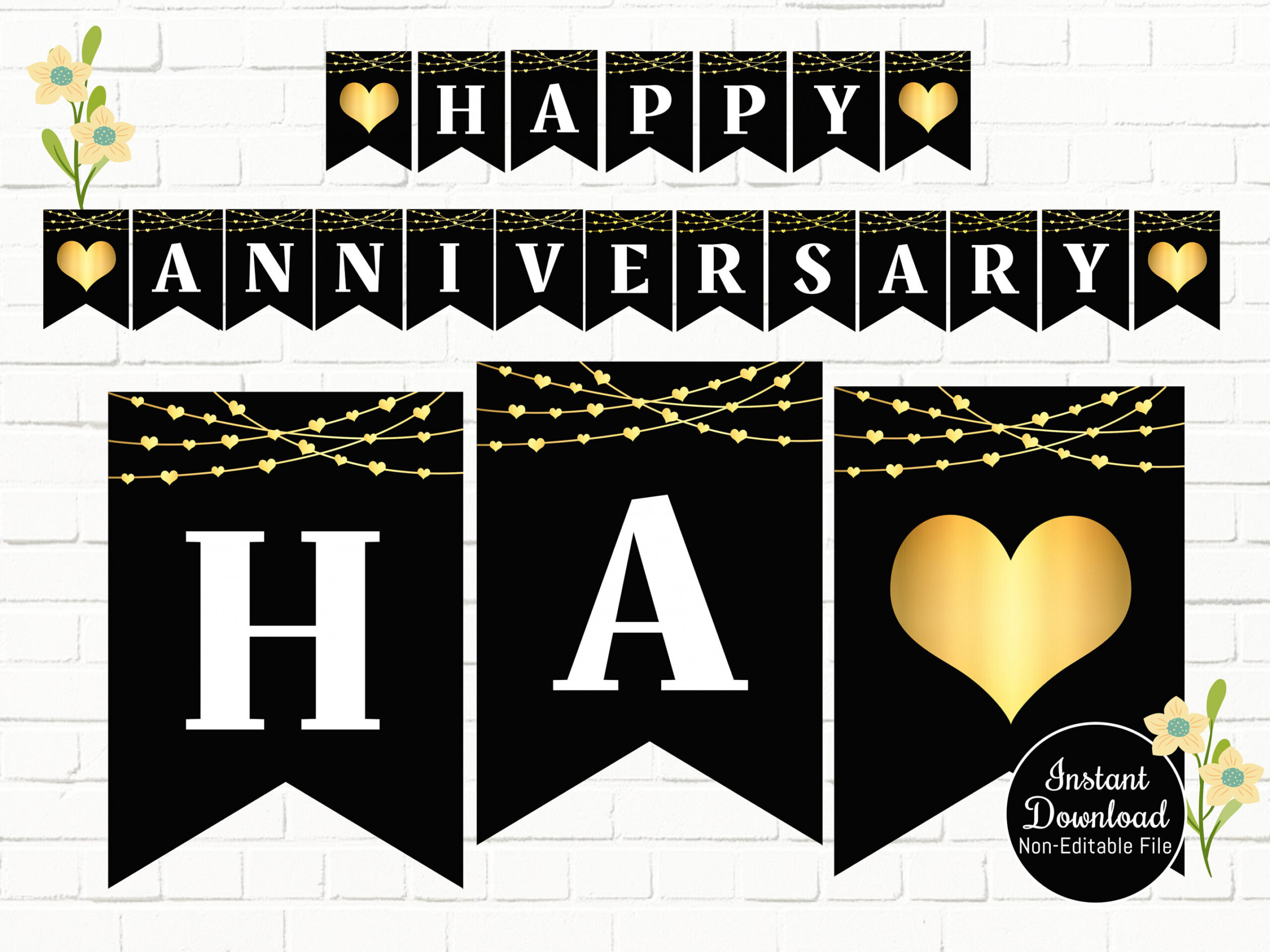 Happy Anniversary Banner  Printable Happy Anniversary Banner  Printable  Banner  Anniversary Buntings  Black and Gold Banner