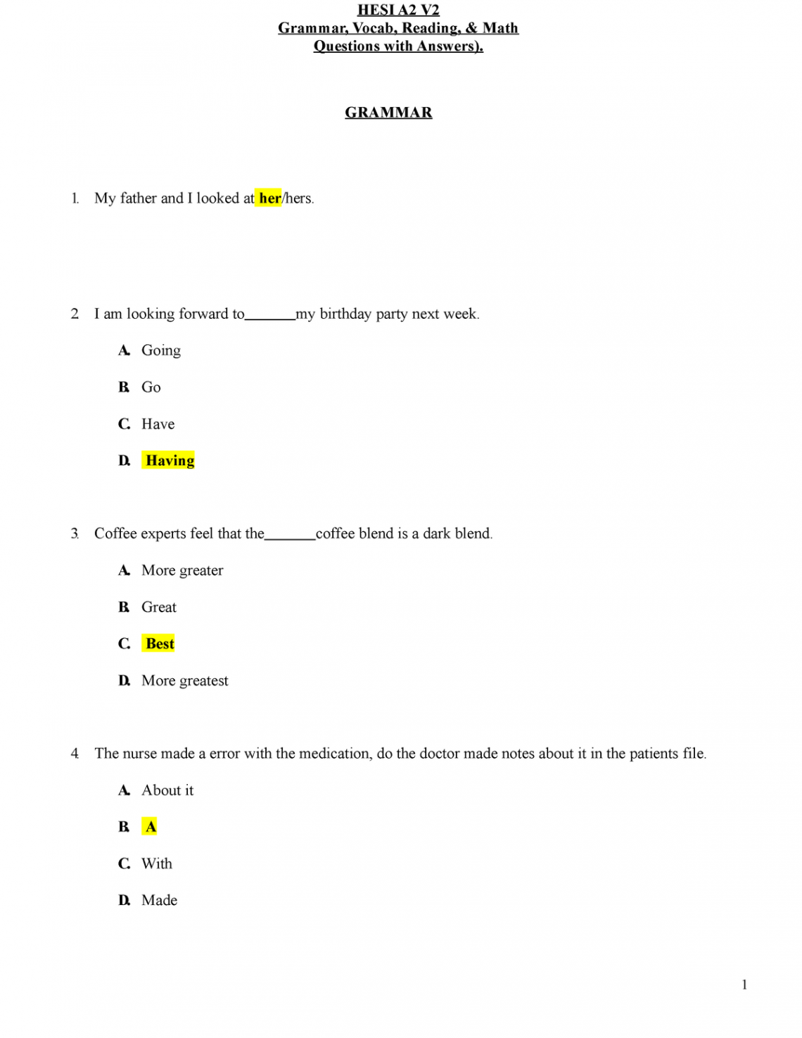 HESI A Version  Grammar Vocab Reading Math Study Guide