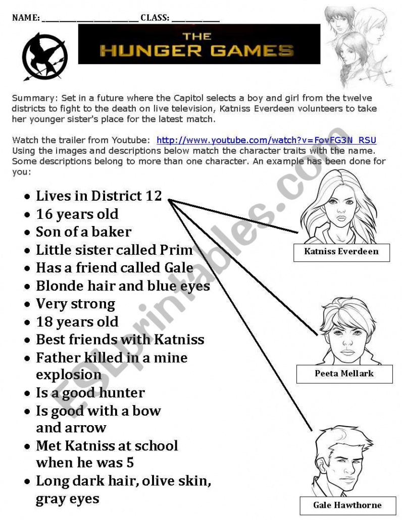 Hunger Games matching task - ESL worksheet by jackiecr