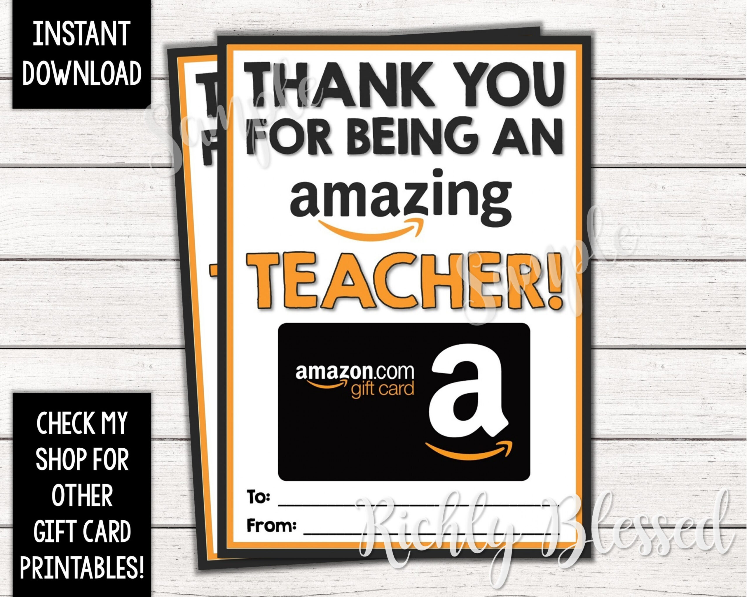 INSTANT DOWNLOAD Amazon Gift Card Teacher Appreciation Gift Teacher Thank  You End of the Year Teacher Gift x Gift Card DIY Printable