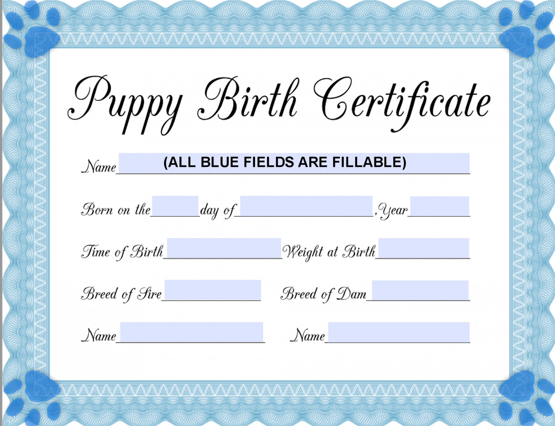 INSTANT Fillable Printable PDF Puppy Birth Certificate blue-male