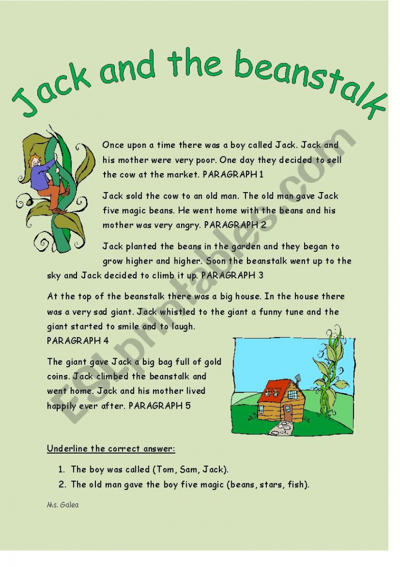 Jack and the Beanstalk Reading Comprehension - ESL worksheet by