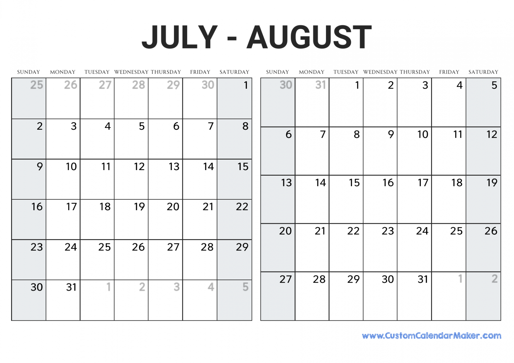 July and August  Printable Calendar Template