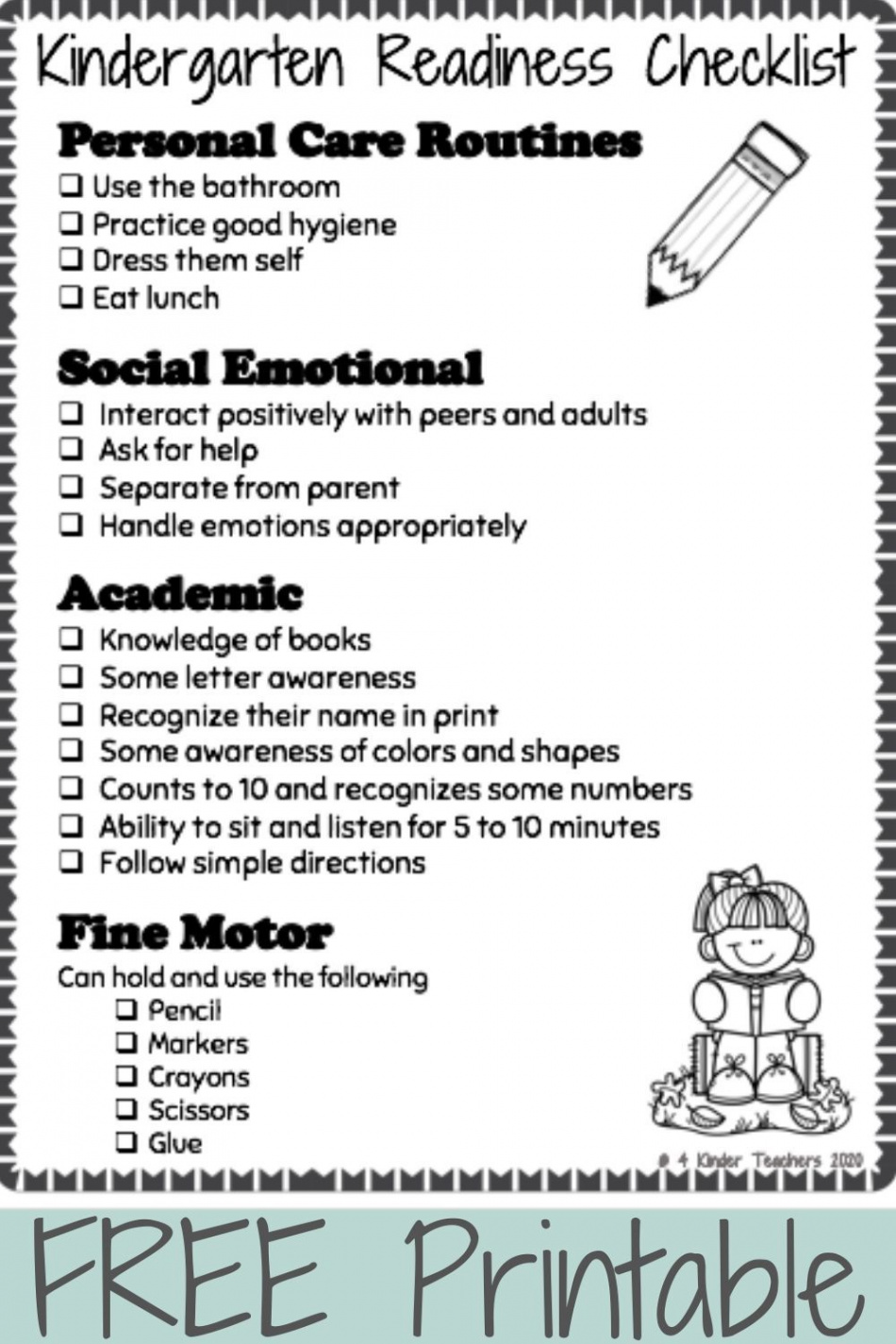 Kindergarten Readiness Checklist FREE Printable  Kindergarten