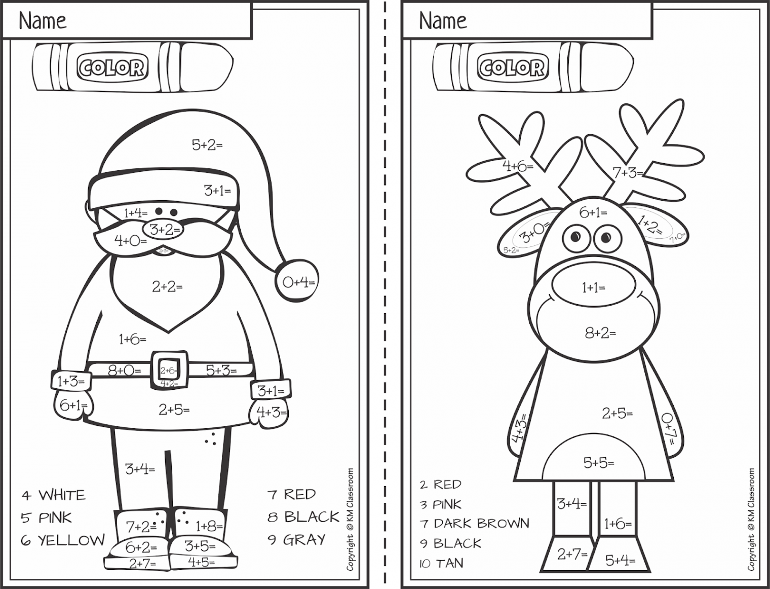 KM Classroom: FREE Christmas Color by Number Addition within