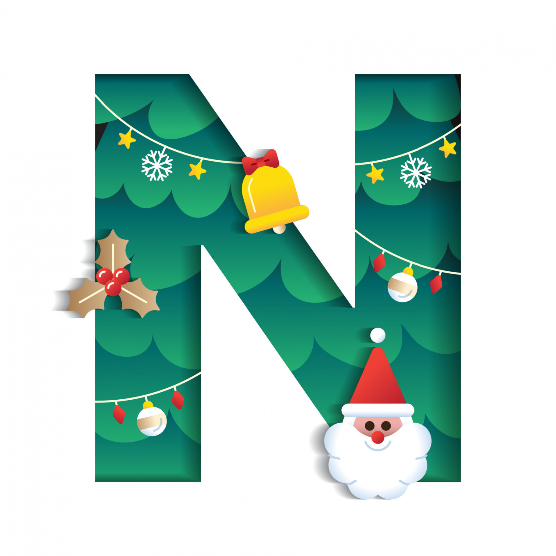 Letter N Alphabet Font Cute Merry Christmas Concept Bell Santa